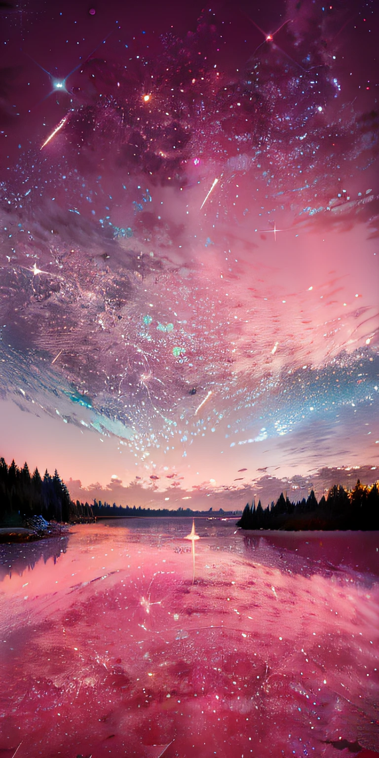 Lake view of pink sky and stars, Sparkling sky, magical sparkling lake, sky strewn with stars, Milkyway Sky, Magnificent background, During meteor storms, night sky with many meteorites, Perseid meteor shower, galaxy in the sky, Colorful night sky, cosmic starry sky, amazing background, Cosmos Sky, Beautiful night sky