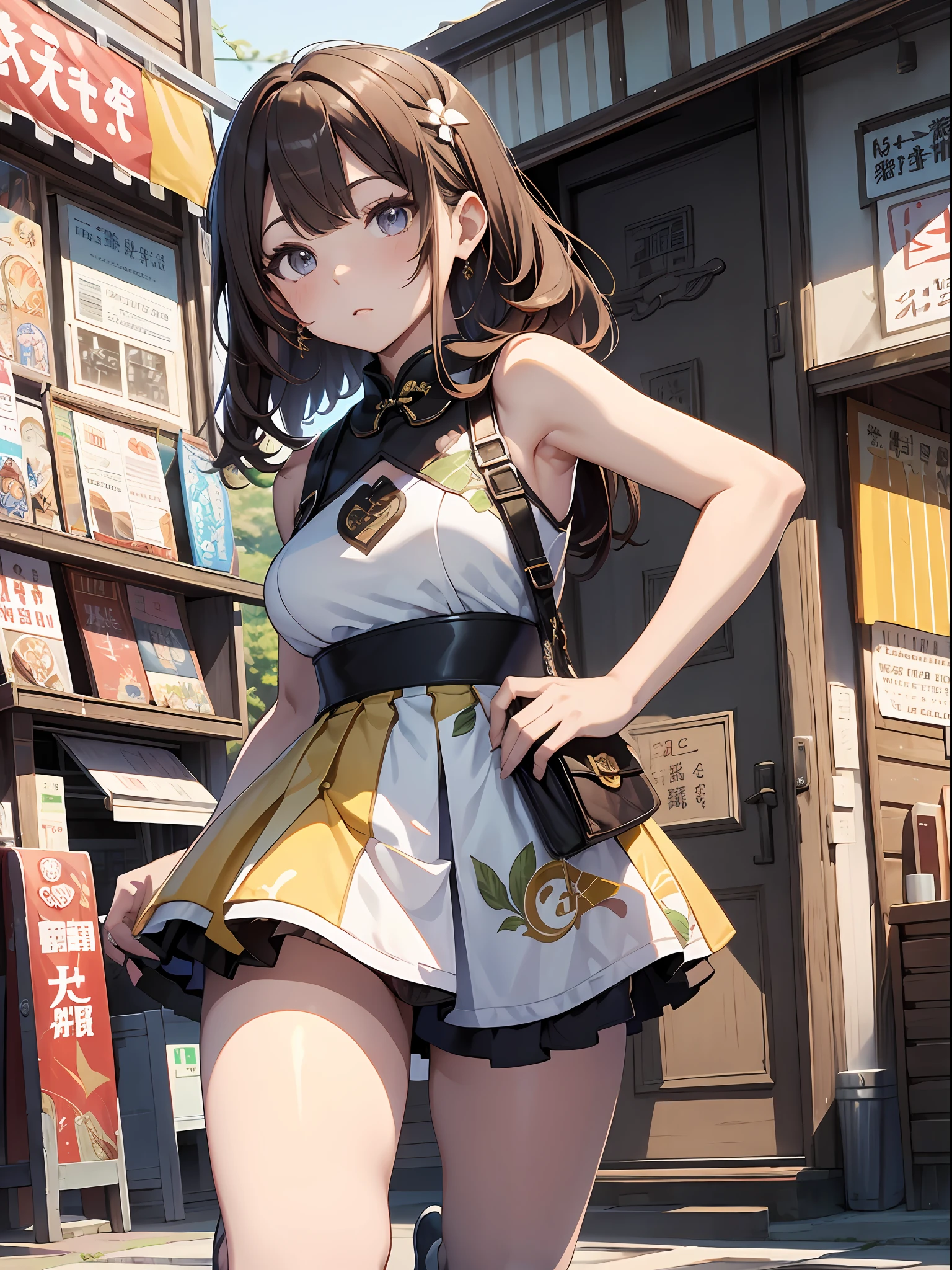 best qualtiy,tmasterpiece,Ultimate Resolution,Brown-haired semi-long、downy,highly colorful,Cheongsam beauty,A MILF,Sleeveless Mini Cheongsam,Micro Mini Cheongsam,White shorts、Kneeling Pose,(((Up to two legs))),((Anime girl standing and waiting)),Collar,anklets,high-heels,high-heels,Correct posture、Convenience store mae、