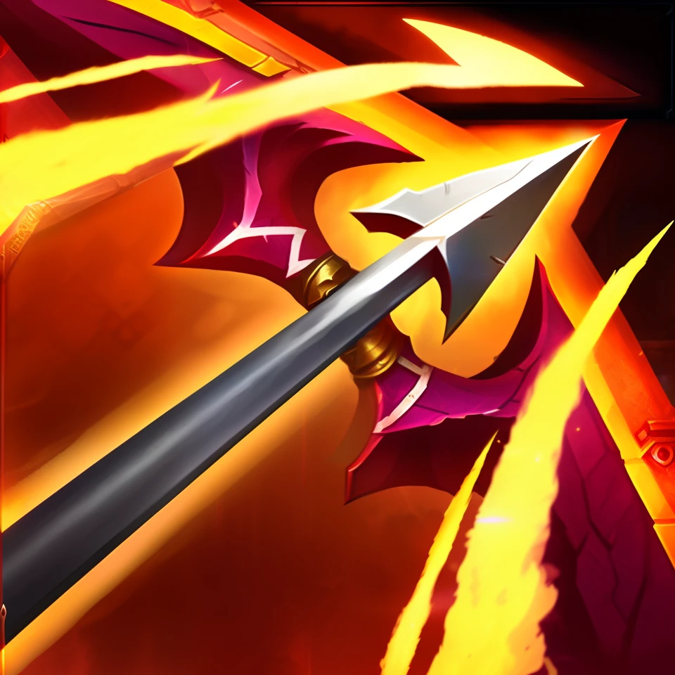 Flame bow and arrow with red metal handle, hearthstone weapon art, hold spear,  magical longbow,  arrowed longbow, Flaming Bow, longbow,league of legend