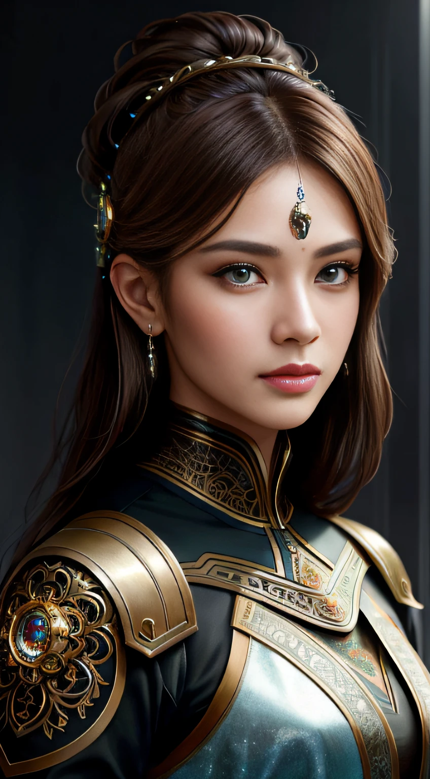 8k portrait of beautiful cyborg with brown hair,iintricate,ellegance,Highly meticulous,A majestic,Digital photography,The artistic germ and art of Nguyen Jia and Greg Rutkowski Surrealist painting filigree,brokenglass,(tmasterpiece,Sideslit,exquisite and beautiful eyes:1.2 ), Human Development Report,