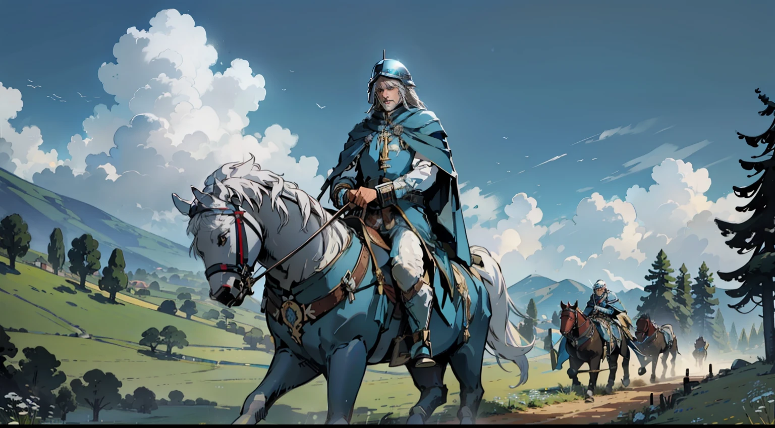 foreshortening, first-person view, A king with white hair and a blue cloak riding a horse and behind him a number of infantrymen with Roman-style helmets and long spears, a dirt path in a meadow.