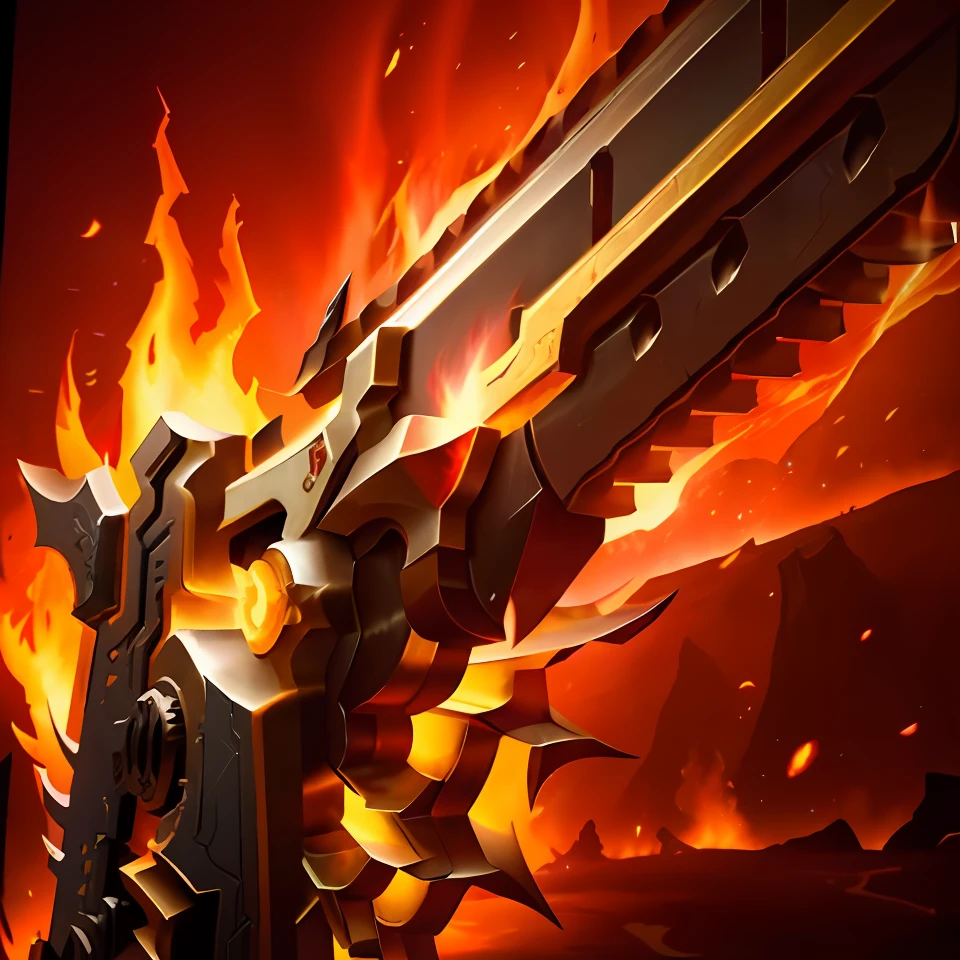 Flames burned behind the metal gun, hearthstone weapon art, Flame guns, Splash Art, league of legends inventory item, warcraft blizzard weapon art, rpg item, author：Master of Han Chinese, flame conjuring armored, war blade weapon, zenra taliyah, sword slash, legendary item, taliyah, epic legends game icon, epic fantasy weapon art