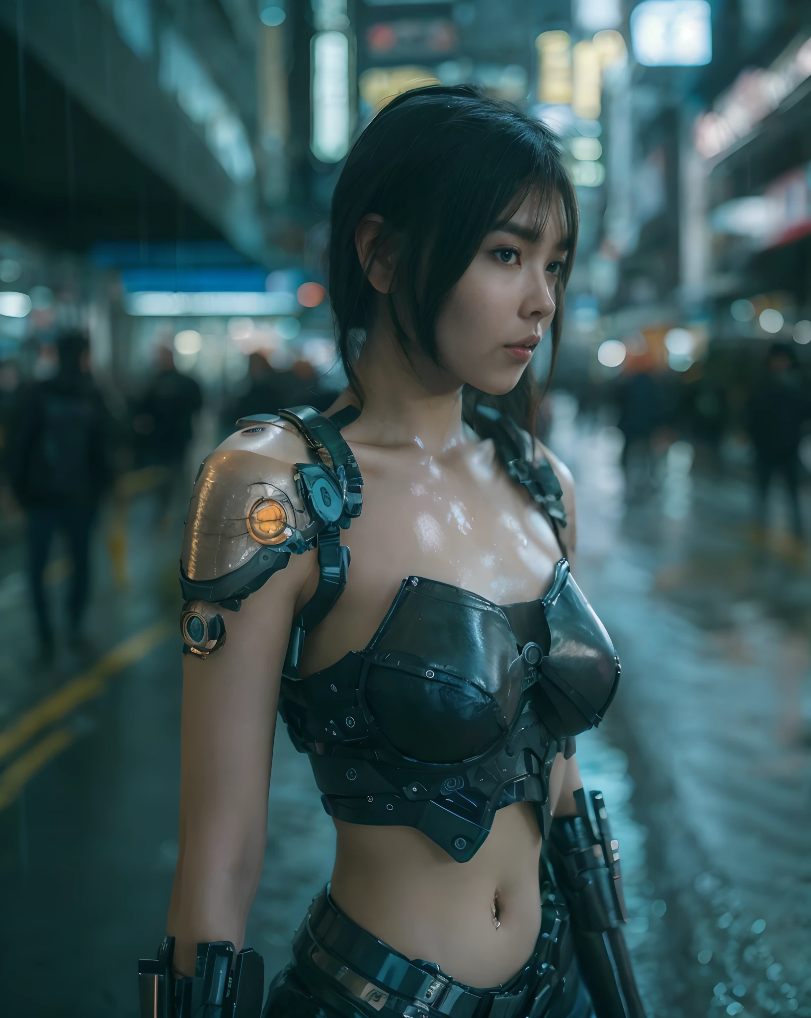 cinematic colorgrading film, dramatic scene, photography, RAW, Masterpiece, ultra wide angle, walking on the cyberpunk cityscapes, Ultra Fine Photo, (cyborg arms:1.3), medium breast, Best Quality, Ultra High Resolution, Photorealistic, volumetric light, Stunningly Beautiful, half body, Delicate Face, Vibrant Eyes, RAW photo, 1girl, solo, 1girl, (tang top:1.3), (techwea), future tech, futuristic, hologram augmented realities, (extremely detailed CG unity 8k wallpaper), of the most beautiful artwork in the world, professional photography, trending on ArtStation, trending on CGSociety, Intricate detail, High Detail, Sharp focus, dramatic, photorealistic, cyberpunk, futuristic, pale skin, slim body, (high detailed skin:1.2), 8k uhd, dslr, soft lighting, high quality, film grain, glossy, (Highest quality:1.3), (sharp focus:1.5), (photorealistic:1.3), (highly detailed skin), (detailed face), (high detailed skin:1.2), (glistening skin:1.2), cyborg arms, (highly detailed skin textures:1.15), (detailed face), (high detailed skin:1.2), (glistening skin:1.15), glossy, (cyborg arms:1.5), (tifa_lockhart), (final_fantasy), japanese, cyberpunk street, (nights:1.2), fog, (rain:1.2), film grain, glossy, water reflection