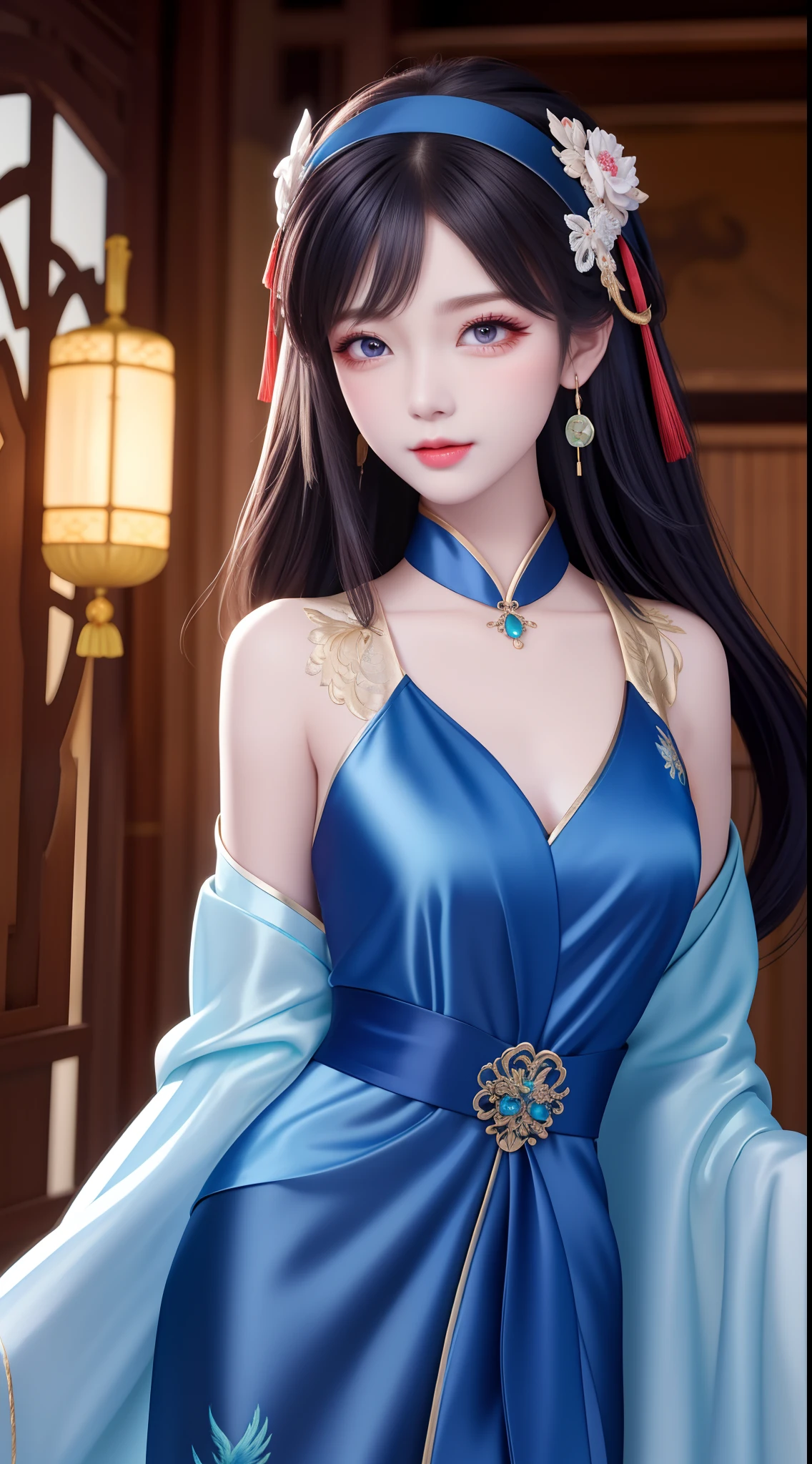ancient wind,masterpiece, official art, extremely detailed CG unity 8k wallpaper, absurdres, best quality, highly detailed, 8k resolution, macro lens, cowboy shot, female, bishoujo, goddess, (color contact lenses), (lipstick), nose blush, seductive smile, hair over shoulder,( ta hairband), hair ribbon, bracelet, ring, hoop earrings, drop earrings,high detal,8K分辨率,A masterpiece,highest quality,filigree,tmasterpiece,Beautiful,Stunning antique beauty,Perfect look,Perfectly refined and clear facial features(Meticulous facial portrayal),the most beautiful big eyes,Beautiful pupils,long eyelasher,Delicate and beautiful makeup,Be red in the face,Moisturize pink lips,(((Gorgeous sleeveless silk embroidered blue phoenix robe))),(Chinese phoenix pattern),,Black shiny hair coiled(Chinese antique hairstyle design),Beautiful hairpin hair accessories,Beautiful earring necklace,Noble temperament,Slim waist,Slender and long legs,perfect bodies,Sexy and charming,Precise and perfect human anatomy,Facing the viewer,Inside the magnificent palace,Carved fence jade,Works of masters,tmasterpiece,Best quality at best,high high quality,A high resolution,,cinmatic lighting,depth of fields,Close-up。Bust photo of a beautiful maiden,hugs,Large chest,Red tulle Hanfu,ancient wind,Delicate collarbones,cropped shoulders,Beautuful Women,long whitr hair,Cute beauty,highly detailed, illustration, cinematic lighting,Beautiful long Chinese hair,Messy hair,Close-up,Close-up