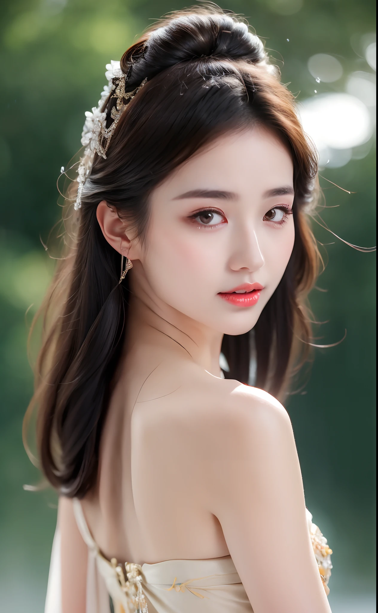 (This is a very delicate and beautiful work.)、(masterpiece)、Highly detailed wedding dress art neck、bridal tiara、bridal veil、ponytail、attractive look、Beautiful and clear eyelid background、big、Ultra-fine painting、delicate face、delicate figure、thin clavicle、beautiful lips、、(8K、Live shooting、highest quality、masterpiece:1.2), (realistic, photorealistic:1.37)、cute type、professional lighting, photon mapping, radio city,  ((Low angle full body shot))、[[[deep valley]]]、(The background is a forest:1.2)