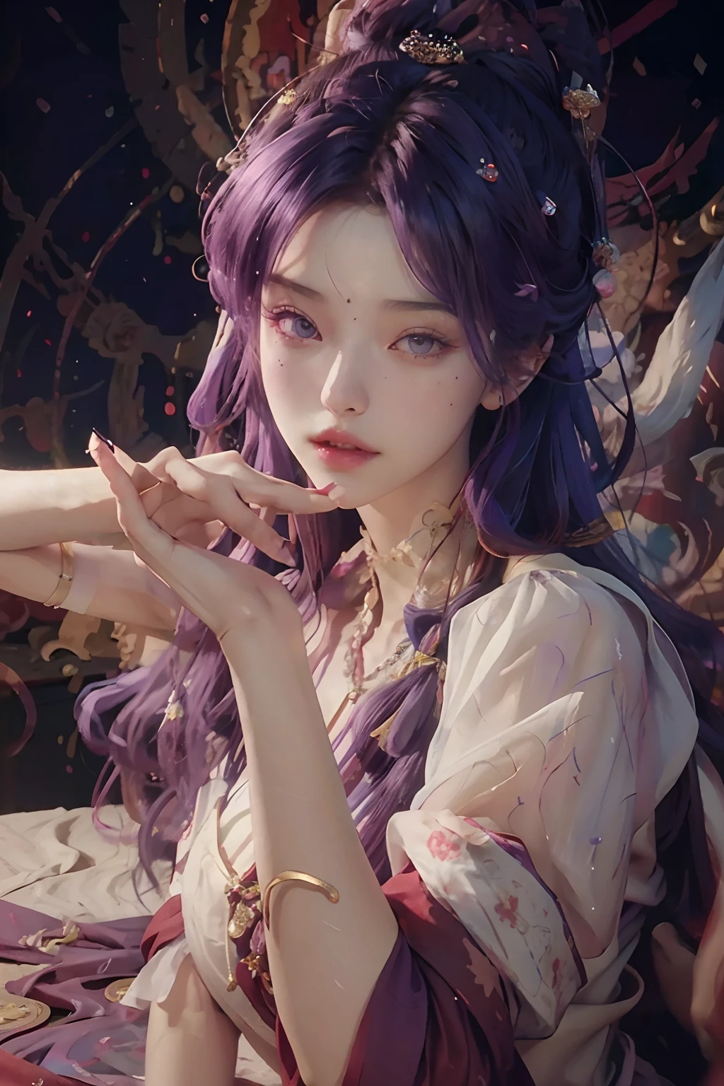 (RAW photo, best quality), (realistic, photo-realistic:1.3),best quality,highly detailed,masterpiece,ultra-detailed,illustration,1girl,upper_body,dynamic angle,world masterpiece theater,messy_long_hair,best quality,extremely detailed CG unity 8k wallpaper,ink,Amazing,cinematic lighting,lens_flare, dunhuang_style an angle female, long curly bright purple hair angelic face and large purple eyes and plump red lips.snow white skin and charming figure in a white dress, long slender fingers and purple painted nails