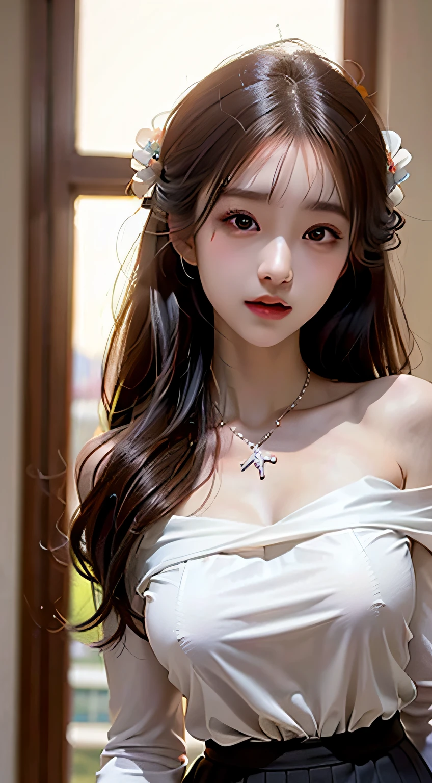 best qualtiy,tmasterpiece,超高分辨率,(真实感:1.4),RAW photogr,cold light,1girll,(inside in room,sitted,Close-up of the upper body,closeup of face), Nice face,(slim,Raised sexy,dignified),ssmile,cabelos preto e longos,hair adornments,(slender leg,Cross ed leg), (White color blouse,a black pleated skirt),Beautiful age girl,Beautiful goddess,Detailed scenes, Picturesque, Beautiful teengirl,Beautiful goddess,Detailed scenes, Beautiful digital illustration, the detail,Hyper-detailed, Cinematic quality, (Beauty and aesthetics,big breasts beautiful),correct hand,anatomy correct, ((from below))