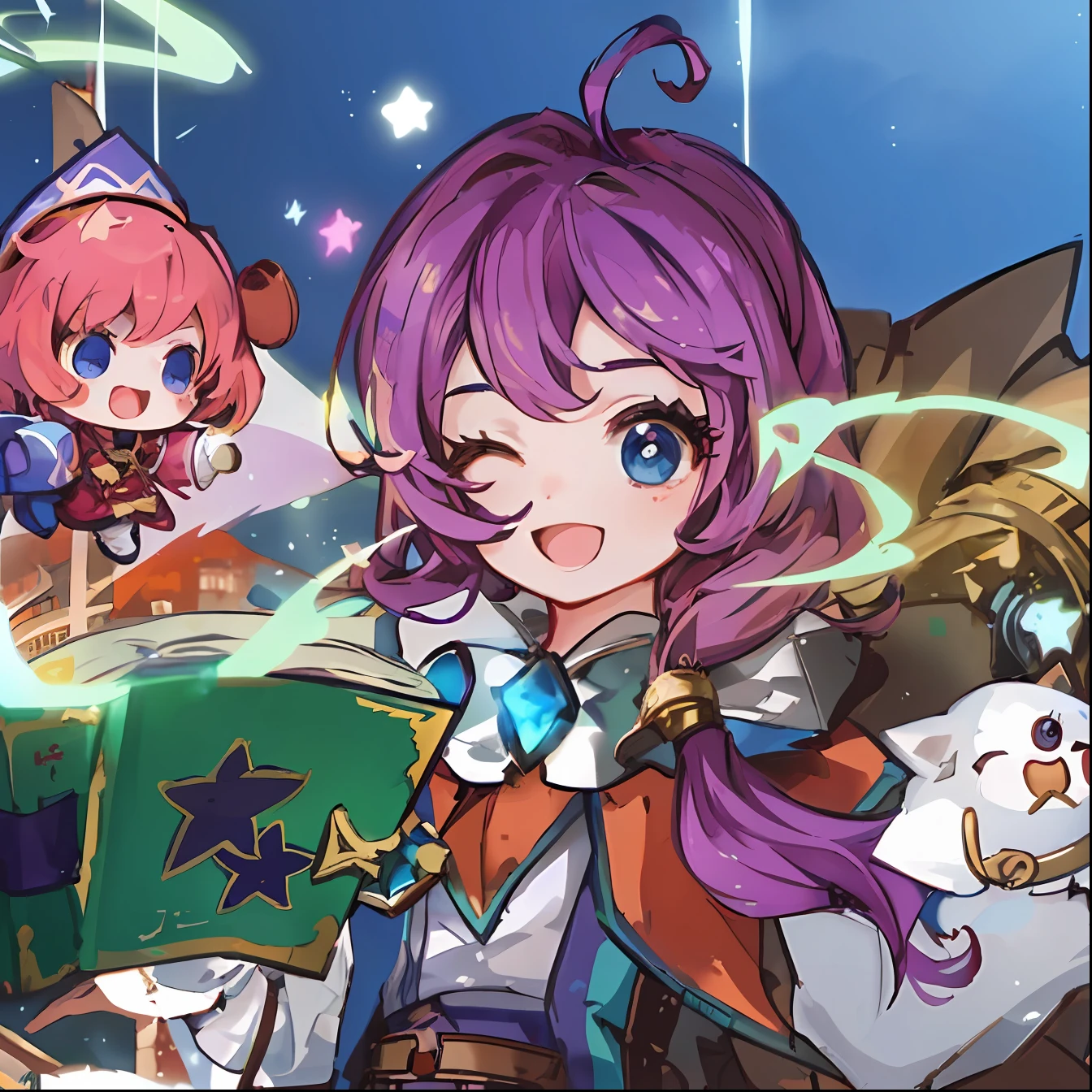 A close-up of a cartoon character holding a book, character art of maple story, alchemist girl, coriolios rpg art style, wearing star filled mage robes, MapleStory, maya ali as a lightning mage, jrpg character, maple story gun girl, crisp clear rpg portrait, maya ali as a wind mage, shadowverse style, epic mage girl character