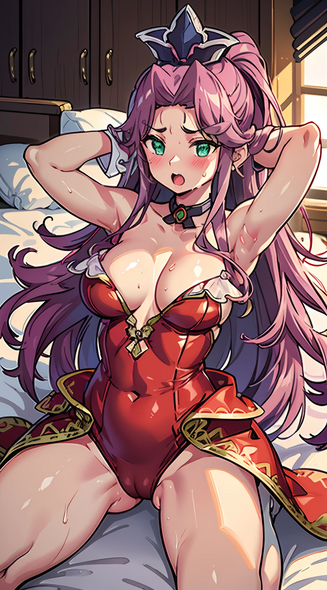 hiquality、16 K、adult woman,((very large udder)),((big butts)),blush,Long hair,Green eyes,Purple hair,(M leg),((Spread legs)),Wet,(Tied wrists),(Arms behind your head),((Armpits))、Sweat,Full body、fatness、((Open_Mouth))、on the beds、Surprised、backs、adult woman、((teats))、I'm surprised、Red Leotard、