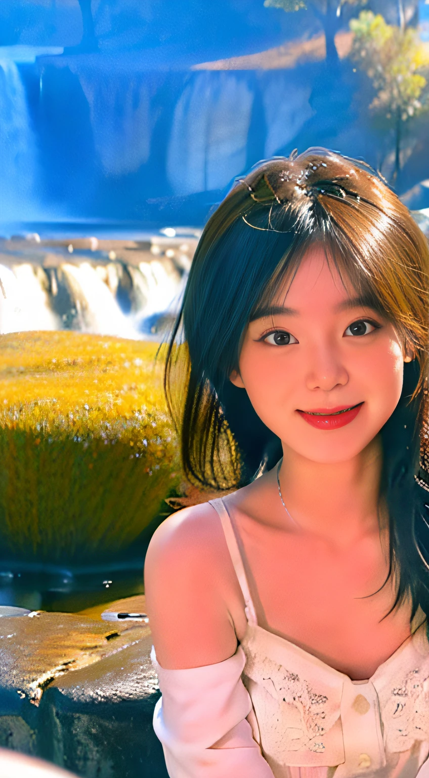 ((best qualtiy, 8K, tmasterpiece:1.3)), ,Focus:1.2, perfect figure beautiful woman:1.4, Cocked buttocks:1.2, ((Cut hair in layers:1.2)), , (darkStreet:1.3), Highly detailed facial and skin texture, full bodyesbian,A detailed eye, 二重まぶた，Whiten skin，with long coiled hair,(with a round face:1.5),(White bandeau dress：1.6)。Smile next to the waterfall，Wearing black stockings