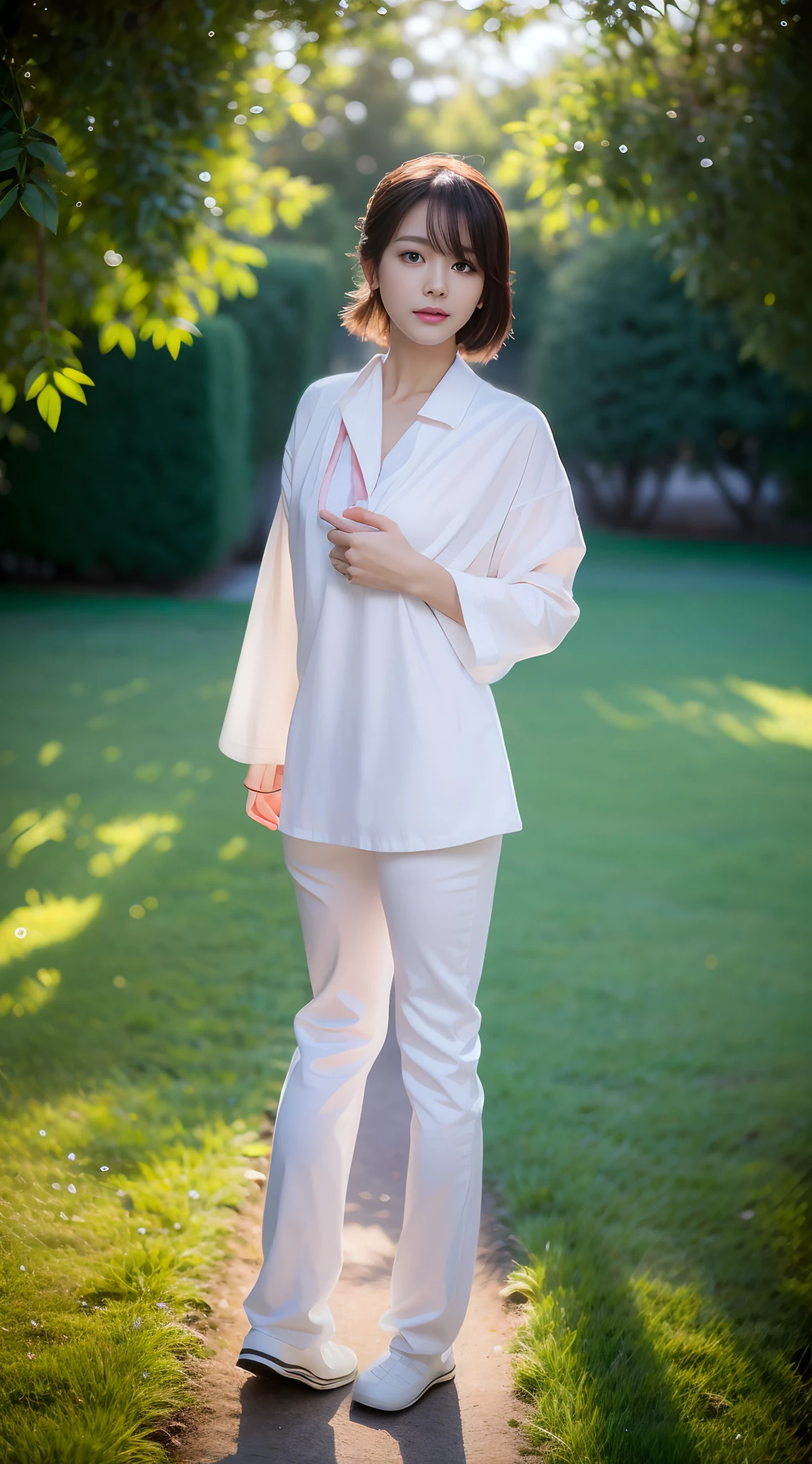 One beautiful woman taking a photo on the lawn of the villa,RAW Photos,tmasterpiece,(highdetailskin:1.2),8K Ultra High Definition,dslr camera,gentlesoftlighting,hightquality,film grains,FujifilmXT3,20 year old asian woman,wearing simple clothes,(White Long Nurse Uniform:1.2 and long skinny jeans:0.7,Detailed clothing details:1.3),perfect body type,perfect breasts and nipple bulge,legs are straight and thin,Branded stylish shoes:0.6,Ultra-detailed facial details and skin,Fair pink face and skin,the skin is pink,with light glowing,二重まぶた,ultradetailed eyes,Wear a mask:1.5, (Gloss on lips, eye lashes, Glossy face, Best Quality, 超A high resolution, warm color,Wide Lighting, Natural Shadow),Taken from behind, Show off your beautiful body, Full body shooting: 1.8