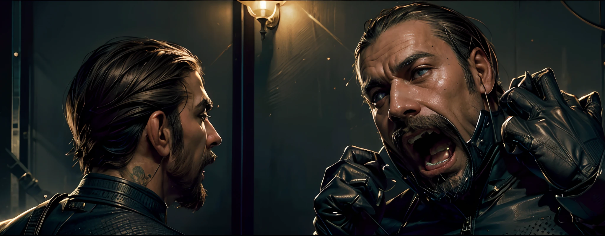 close-up of bust of two men talking, Masterpiece, realistic: 1.3), (Extremely complex 1.2), (realistic: 1.4), (Extremely refined), (surreal: 1.3), ((Best quality)), ( ( Masterpiece)), (Detailed),(High Resolution:1.2),(Masterpiece), (Best Quality), (Ultra Detailed), (Masterpiece), (Best Quality), (Ultra Detailed), ( Masterpiece), (Best Quality), (Ultra Detailed), Masterpiece, , (Masterpiece)+, the first character has his back showing the nape and back of his head, the second character is on Frontal shot, medium-length brown hair, with a goatee, he is tense and shows his hands clenched and in the shape of a claw, the hands are on both sides of the head and he screams in fear, showing his teeth, in full color, they are dressed in tight-fitting suits spandex,