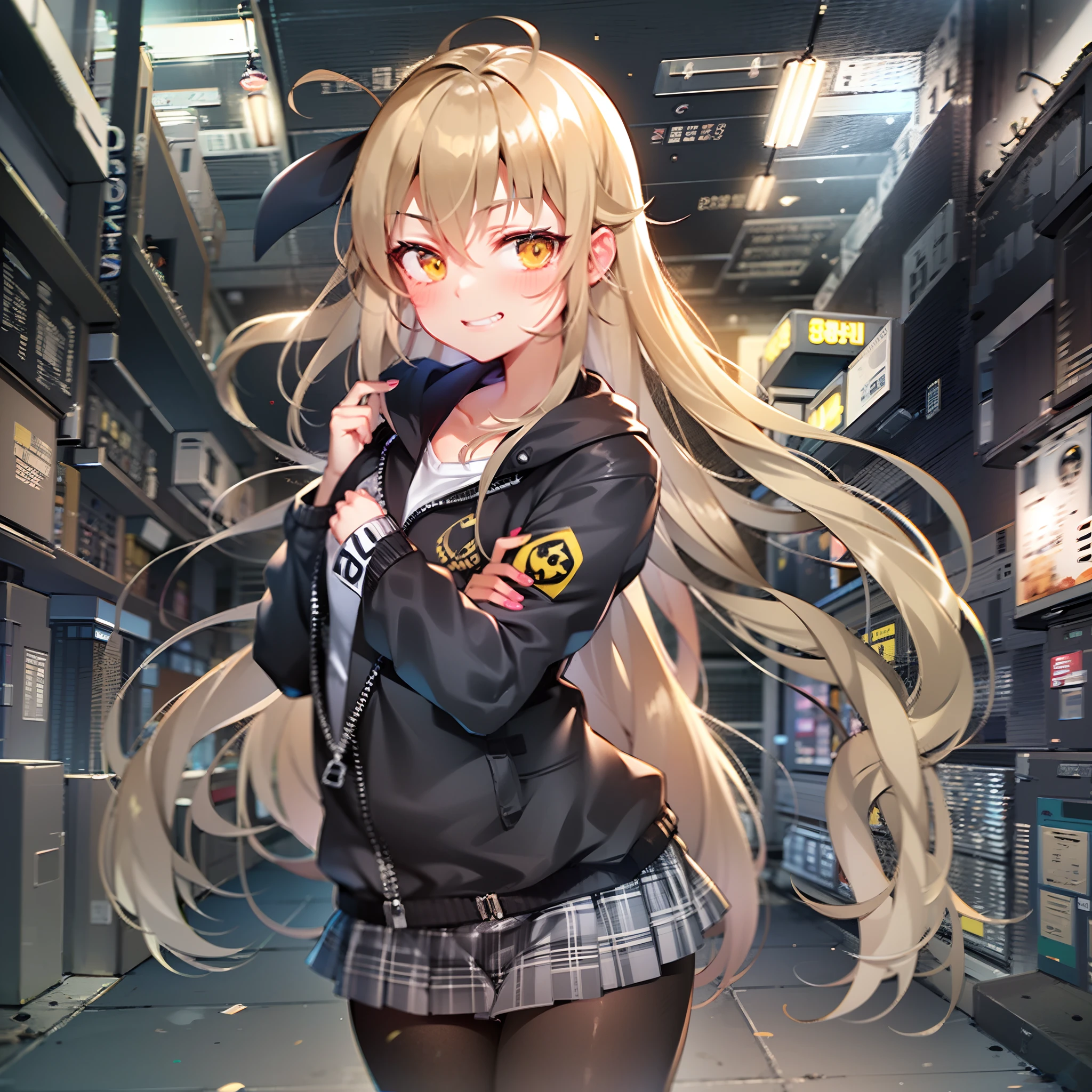 1girl, masterpiece, blonde hair, long hair, petite, small breasts, yellow eyes, glowing eyes, shadow magic, short skirt, bomber jacket, t shirt, malicious, young, flat chest, leggings, , shinobu oshino, hands on hips, smug