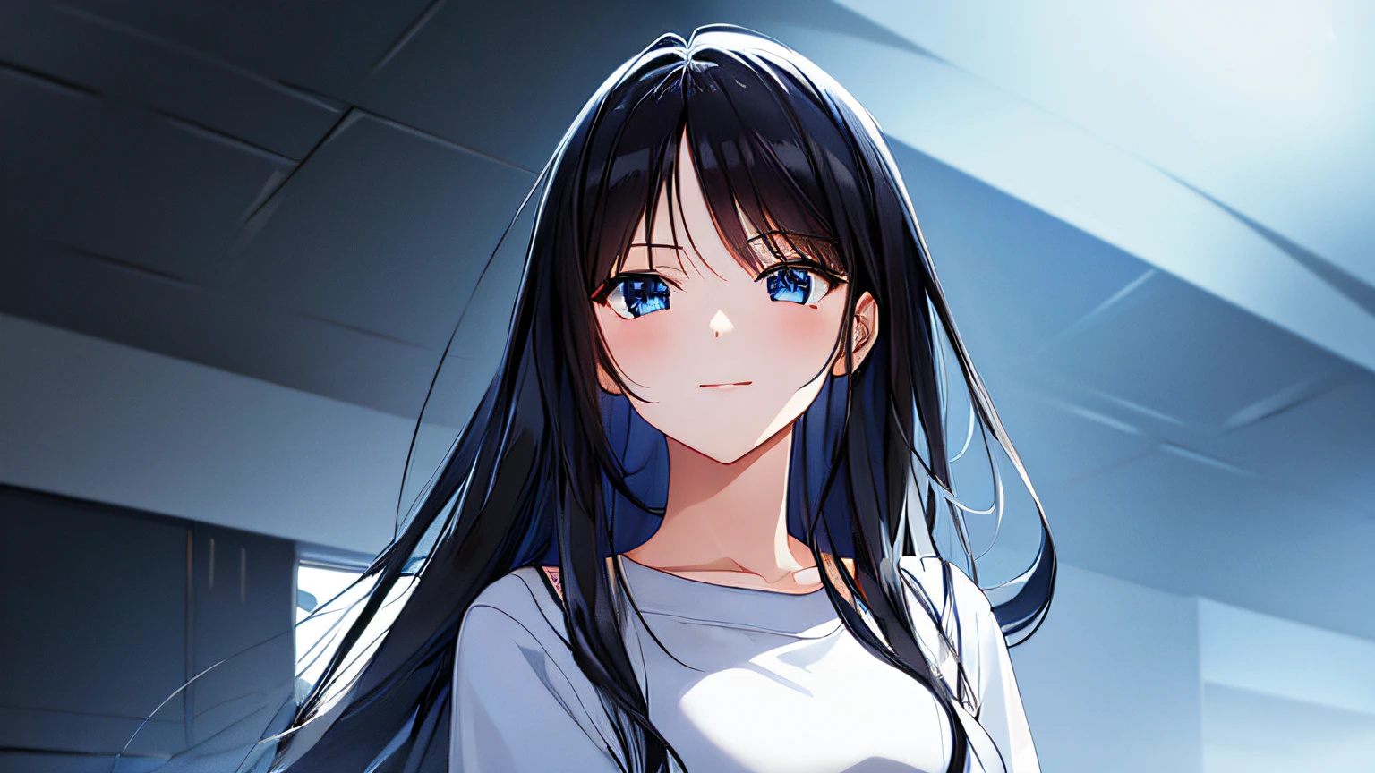 Anime girl with long black hair and blue eyes standing in a room ...