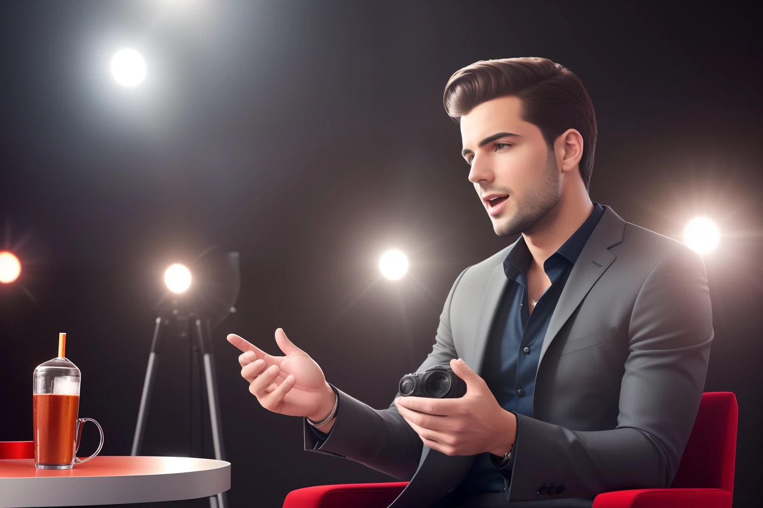 Best quality, ultra high res, (photorealistic:1.4), hdr, hyperdetailed. Young man with dark hair swearing at a syndicated talk show. Close view. Spotlights, cameras. Tabloid talk show, Sunday morning talk show. A lot of space. Red and grey colors in interior design. Very rich production, many details, minimalistic furniture, cameras in the shadows, positive atmosphere.