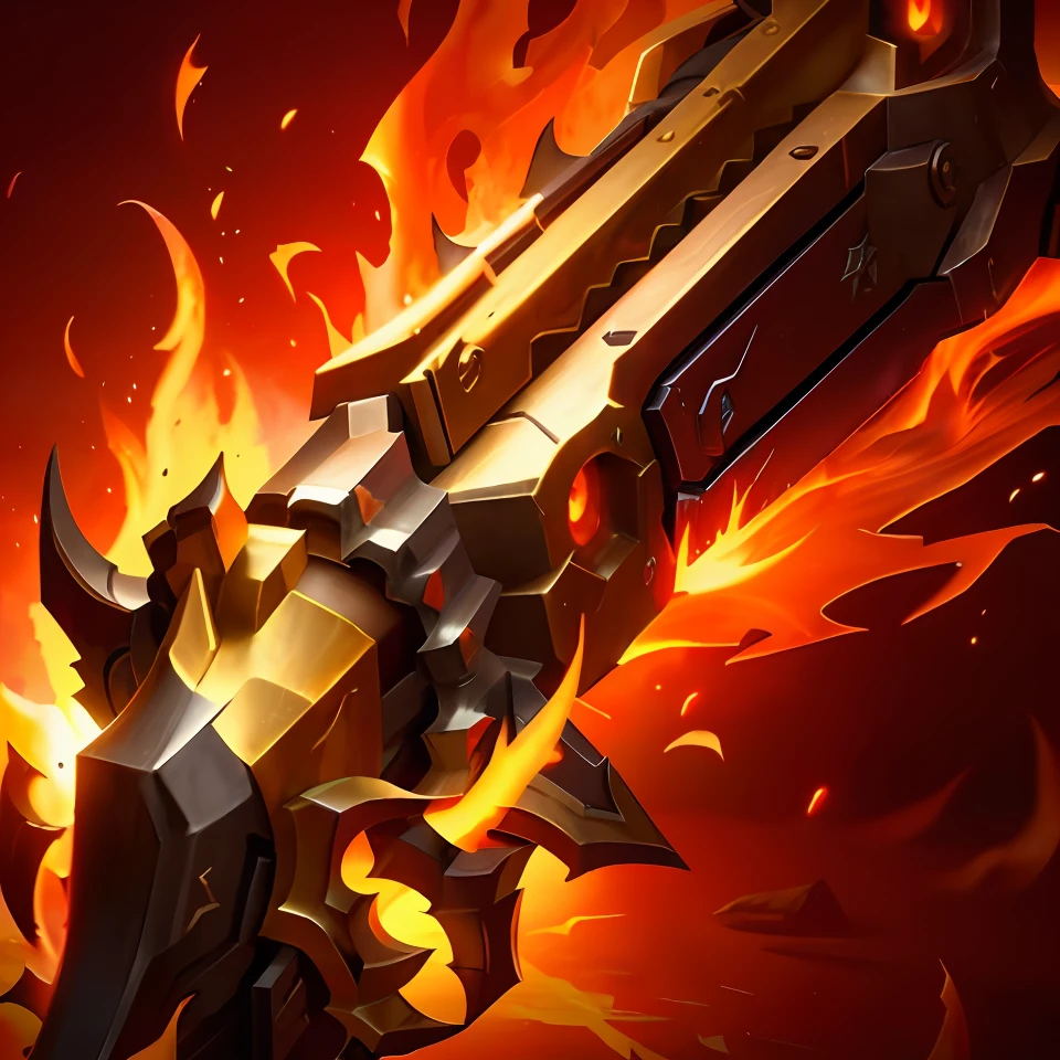 Flames burned behind the metal gun, hearthstone weapon art, Flame guns, Splash Art, league of legends inventory item, warcraft blizzard weapon art, rpg item, author：Master of Han Chinese, flame conjuring armored, war blade weapon, zenra taliyah, sword slash, legendary item, taliyah, epic legends game icon, epic fantasy weapon art