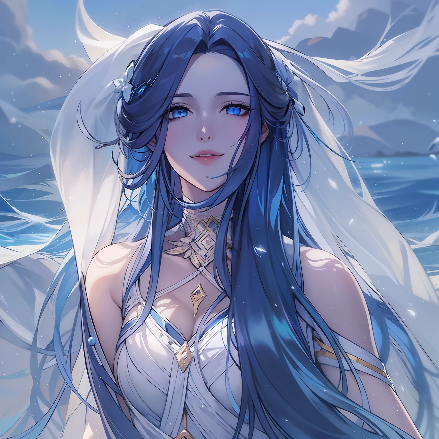 Woman, long dark blue hair with bright blue strands, blue eyes, calm peaceful look and smile, white open and light clothes, goddess of wate