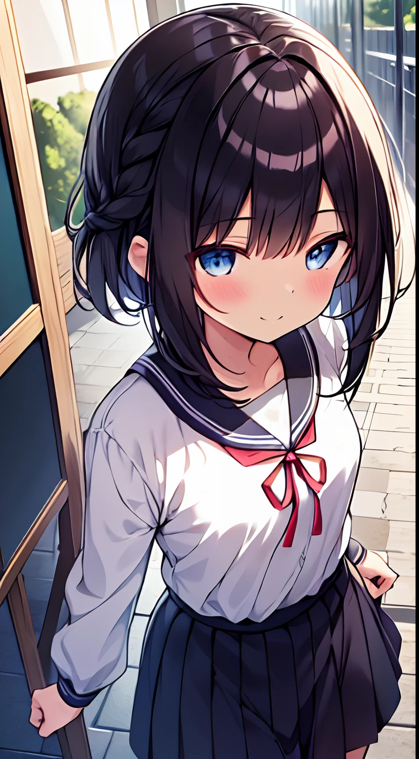 masutepiece, Best Quality,Illustration, Wallpaper, Ultra Detail, 1girl in,Solo,Beautiful ultra-detailed eyes,Very thick contour lines、Crisp eyes、Medium Short-Cut Hair、Short, Braided hair、(student clothes)、Dark hair color、a serene smile、Walking next door、Kamimei、Overlooking angle:1.2、small head