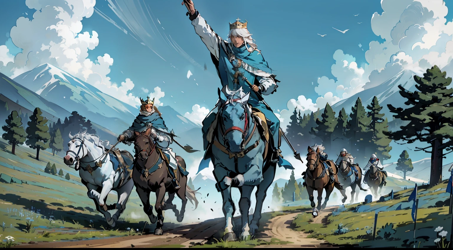 "foreshortening, first-person view, King with regal white hair and a majestic blue cloak riding a magnificent horse, leading a formation of infantrymen with Roman-style helmets and long spears on a dirt path through a picturesque meadow."
