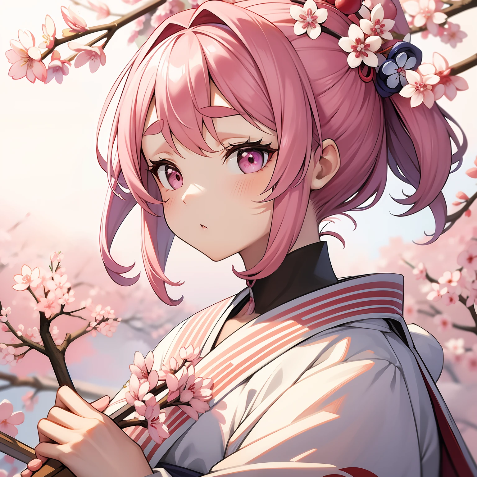 ukiyoe painting、Sakura blizzard、Sarashi women、A pink-haired、thick eyebrow