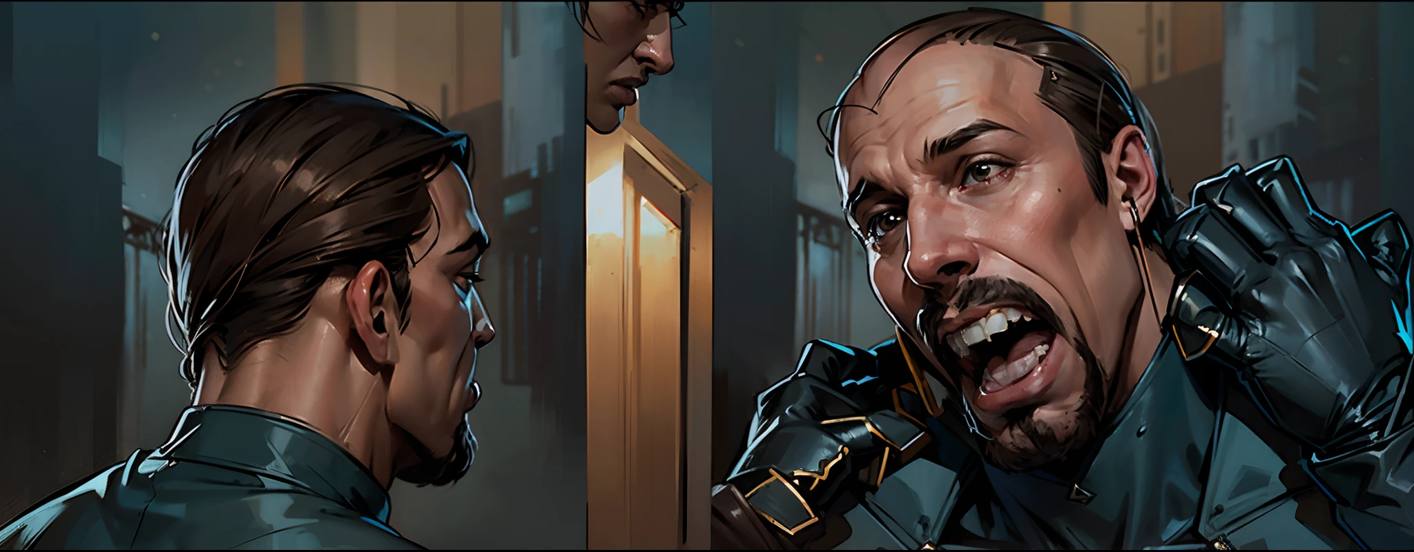 close-up of bust of two men talking, Masterpiece, realistic: 1.3), (Extremely complex 1.2), (realistic: 1.4), (Extremely refined), (surreal: 1.3), ((Best quality)), ( ( Masterpiece)), (Detailed),(High Resolution:1.2),(Masterpiece), (Best Quality), (Ultra Detailed), (Masterpiece), (Best Quality), (Ultra Detailed), ( Masterpiece), (Best Quality), (Ultra Detailed), Masterpiece, , (Masterpiece)+, the first character has his back showing the nape and back of his head, the second character is on Frontal shot, medium-length brown hair, with a goatee, he is twitching and shows his two hands clenched and in the shape of a claw, both hands are on either side of his head and he screams in fear, baring his teeth and spitting saliva from his mouth, showing his the tongue, in full color, are dressed in skintight spandex suits,