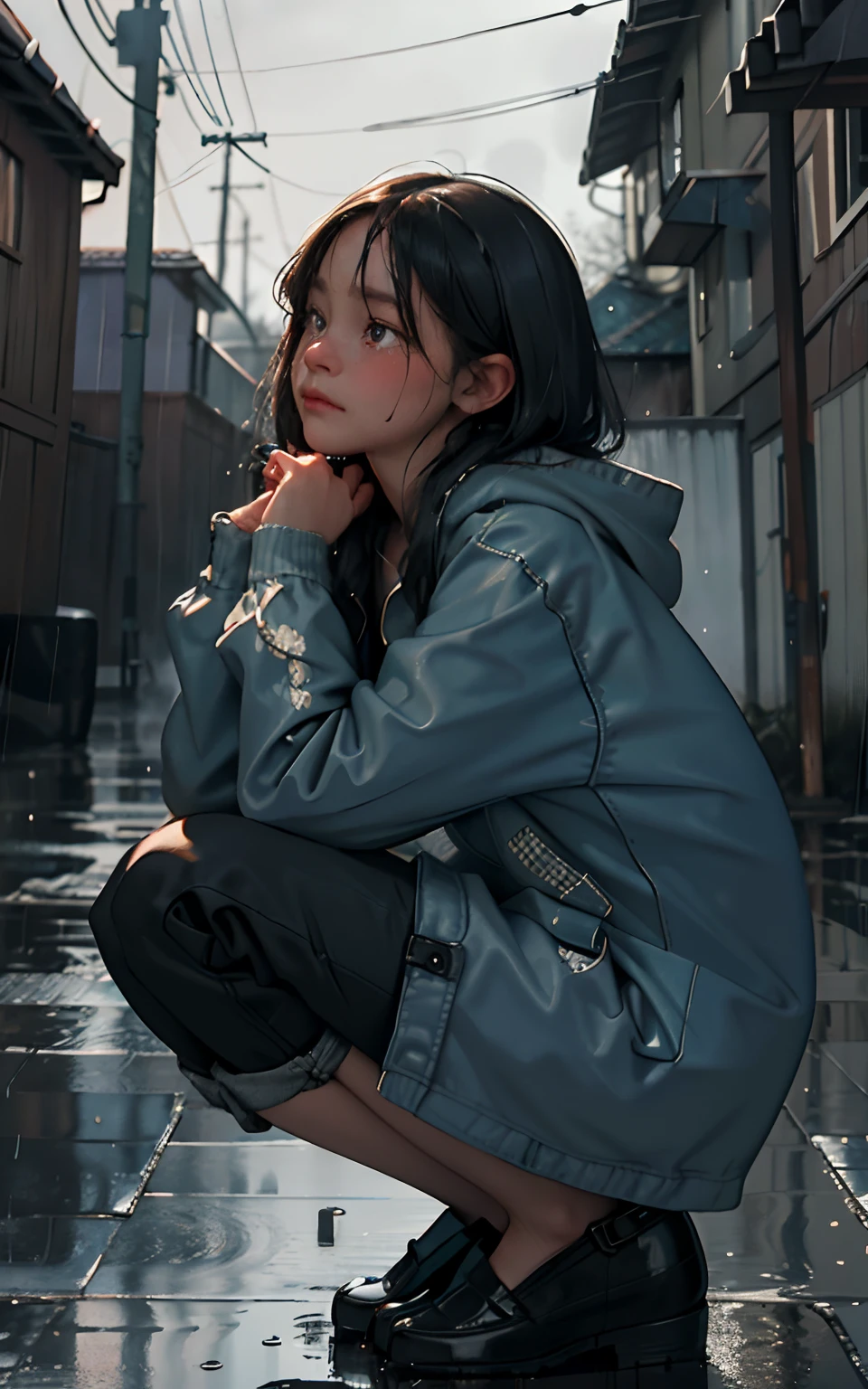 (masterpiece:1.2, best quality), (real picture, intricate details), (night, dark, downpour:1.4)
There was no one in the alley, and the surroundings were silent, only the raindrops sprinkled on the tile eaves of the low houses near and far, making a slight rustling sound. In the cold rain, (1girl, wet hooded jacket,  sad, tears in eyes, shivering:1.2) squatting on the ground,