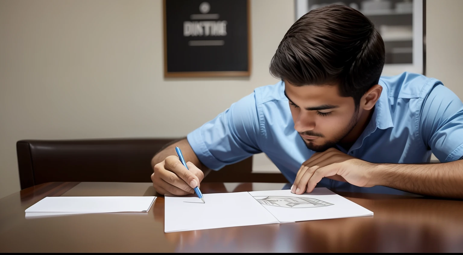 Imagem de um jovem sentado em uma mesa, concentrado em desenhar ou pintar