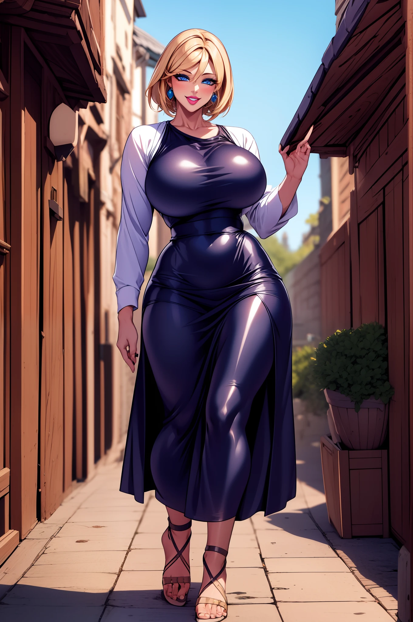 ,bimbo, slim waits, short hair, lipstick, wide hips, huge breasts, , huge breasts, milf,blonde hair, short hair, lipstick, makeup, , (blue eyes), perfect eyes, earrings, smiling, blushing, walking,*priestess, pullover, , walking flipflops, long skirt, medieval clothing, solo, floral crow, staff, wizard, full body, flipflops, medieval village, long robo, long skirt, big skirt, pants