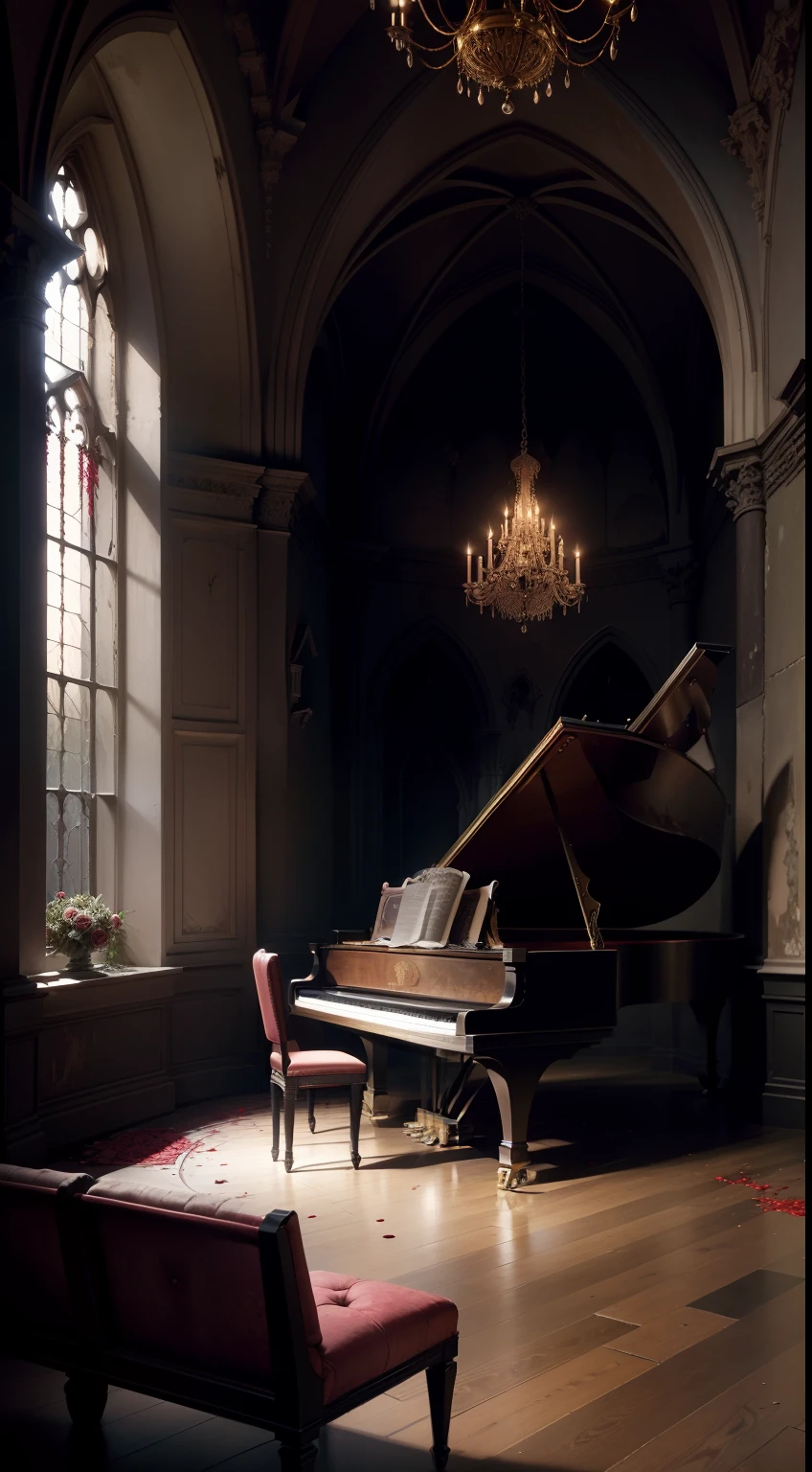 the woods,Dilapidated Gothic church,spiderwebs,dust,vine,Blood rose,Luxury chandeliers,Piano and stool,empty of people