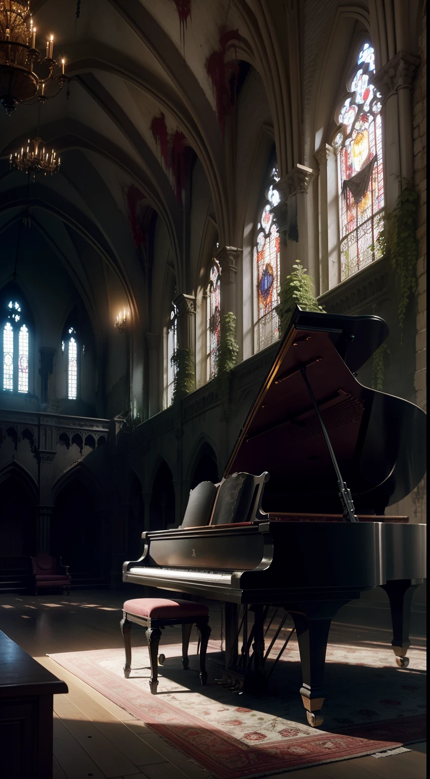 the woods,Dilapidated Gothic church,spiderwebs,dust,vine,Blood rose,Luxury chandeliers,Piano and stool,empty of people