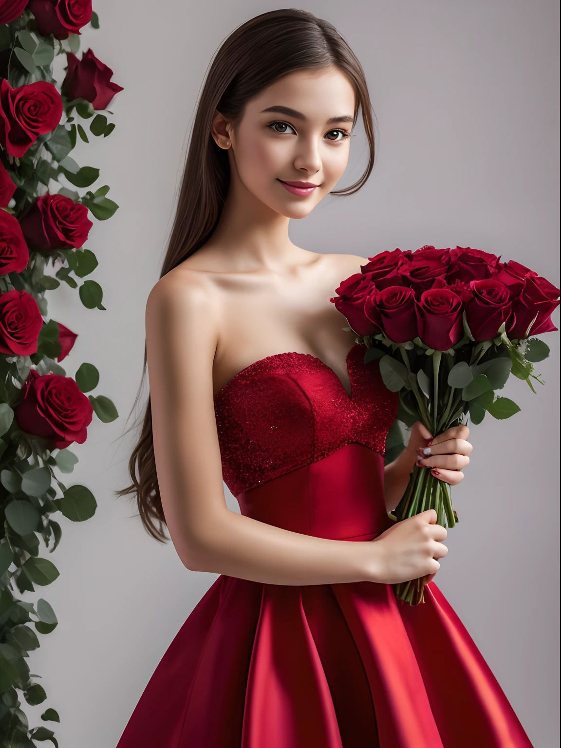 Girl Model, in full height, with a bouquet of roses, a photo of a, Ultra realistic model, 4k, The background is red monochromatic, inspiration, desire, joying, Happiness in the eyes, fondness