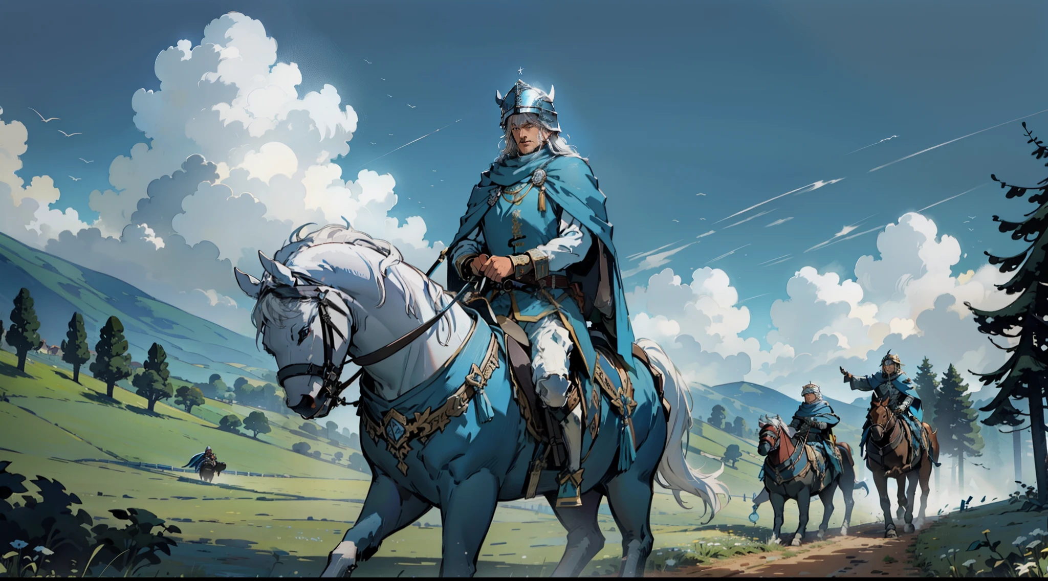 foreshortening, first-person view,  A king with white hair and a blue cloak riding a horse and behind him a number of infantrymen with Roman-style helmets and long spears, a dirt path in a meadow.