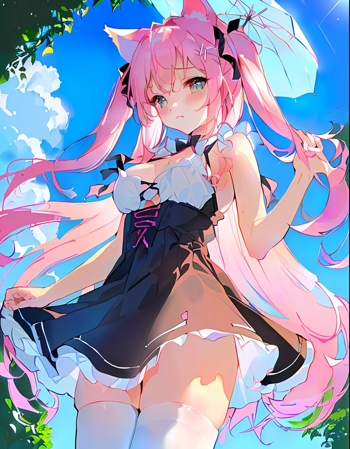 chinadress,wet,medium_breasts,white_thighhighs, {best quality}, {{masterpiece}}, {highres}, {an extremely delicate and beautiful}, original, extremely detailed wallpaper,1girl,{COLORFUL},{VIVID COLORS},{VIVID},{flat color},{Hand detail},{{Correct hand structure}},{cat_ears},{Background refinement},{Sharp fingers},{summer_dress}