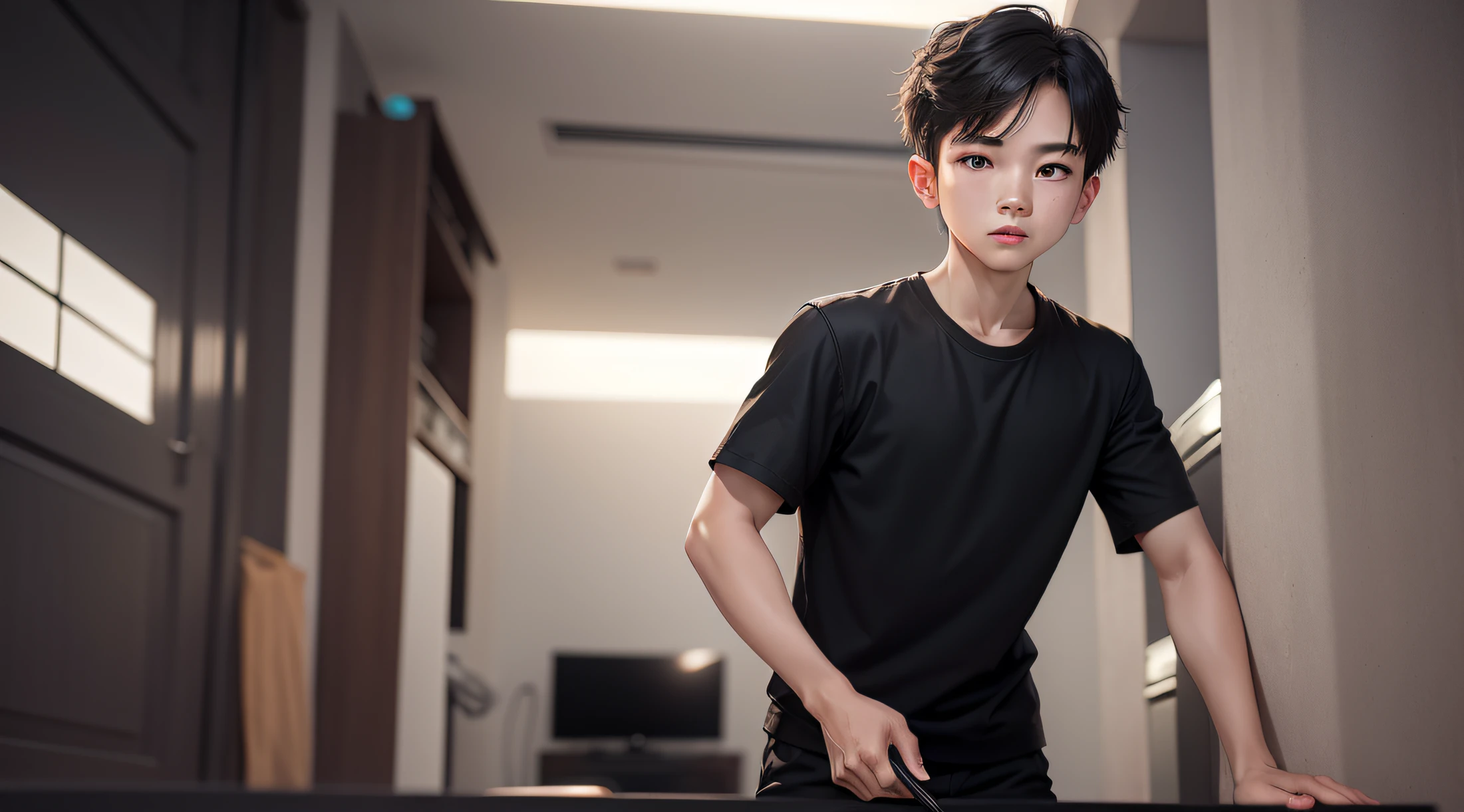 (A high resolution, UHD, masterpiece, high quality, best quality, boy, young boy, 16th boy asia, vietnamese boy, vietnam background, handsome, 157 cm young boy, black shirt, black shorts
