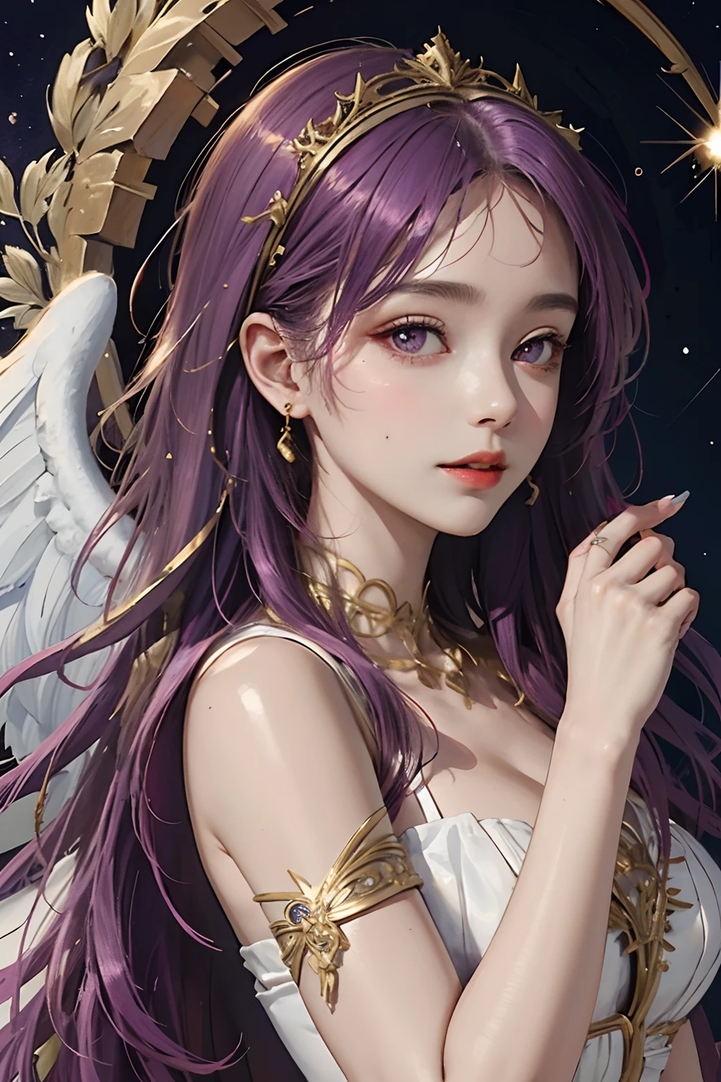 (masterpiece, top quality, best quality, official art, beautiful and aesthetic:1.2), (1girl), extreme detailed,colorful,highest detailed, official art, unity 8k wallpaper, ultra detailed, beautiful and aesthetic, beautiful, masterpiece, best quality, (zentangle, mandala, tangle, entangle) an angle female, long and curly bright purple hair angelic face and large purple eyes and plump red lips.snow white skin and charming figure in a white dress, long slender fingers and purple painted nails small moles under the eyes ,holy light,gold foil,gold leaf art,glitter drawing, PerfectNwsjMajic