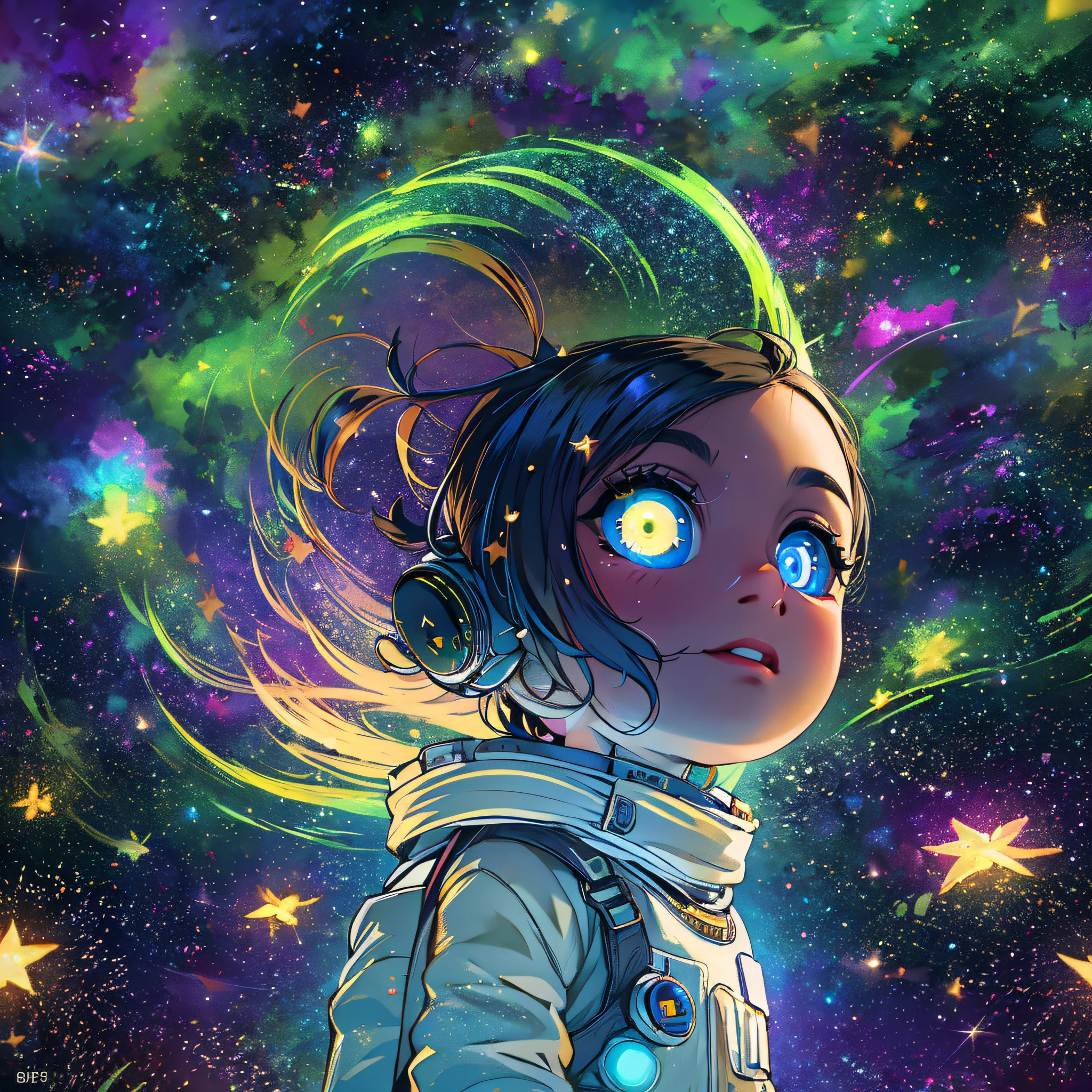 "A stunning masterpiece of an 8k raw image featuring a chibi astronaut surrounded by a mesmerizing starry sky, vibrant aerial fireworks, and the breathtaking spectacle of the aurora dancing in the Milky Way. This official art captures the beauty, aesthetic, and animation of a festival-like atmosphere with a touch of fisheye lens effect. It is truly a top-quality and best-quality depiction of lovestar's dreamy world."