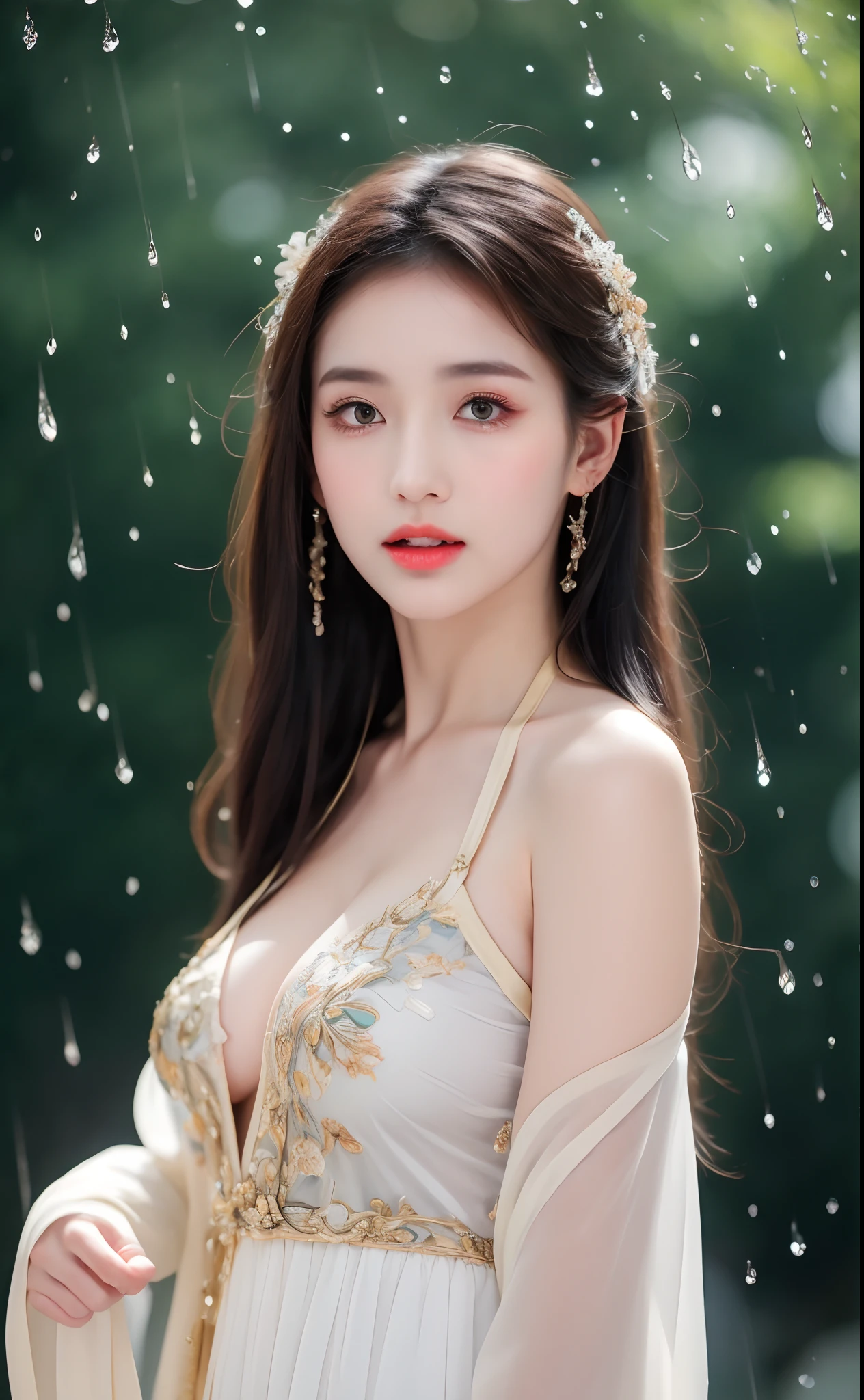 ((Best Quality, 8k, Masterpiece: 1.3)), Focus: 1.2, Perfect Body Beauty: 1.4, Buttocks: 1.2, ((Layered Haircut)), (Wet Clothes: 1.1), (Rain, Street:1.3), (Breasts: 1.2), (Hanfu: 1.2), Bare Shoulders, Bare Legs, Highly Detailed Face and Skin Texture, Fine Eyes, Double Eyelids, Whitened Skin, Long Hair, (Shut Up: 1.5), (Bokeh Background: 1.5), Big Breasts