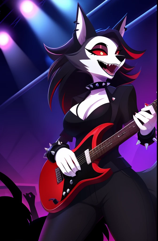 best quality, solo, 1 girl, wolf face, Eyelashes in the eyes, (visible white iris), (scarlet sclera), long fluffy tail, (Hellhound), expression excited, open the mouth for sing, wolf female, furry female, (long black and red gradient hair), wearing (red short sleeved jacket and black t-shirt top) and (black pants) and (rocker boots and spikes bracelets) (curved wolf legs), anthropomorphic, perfect breasts and perfect butt, in top of a music event, (best detailed), headphones cover ears, (playing a music on eletric guitar), (demons watching on the show). ((Helluva boss)).