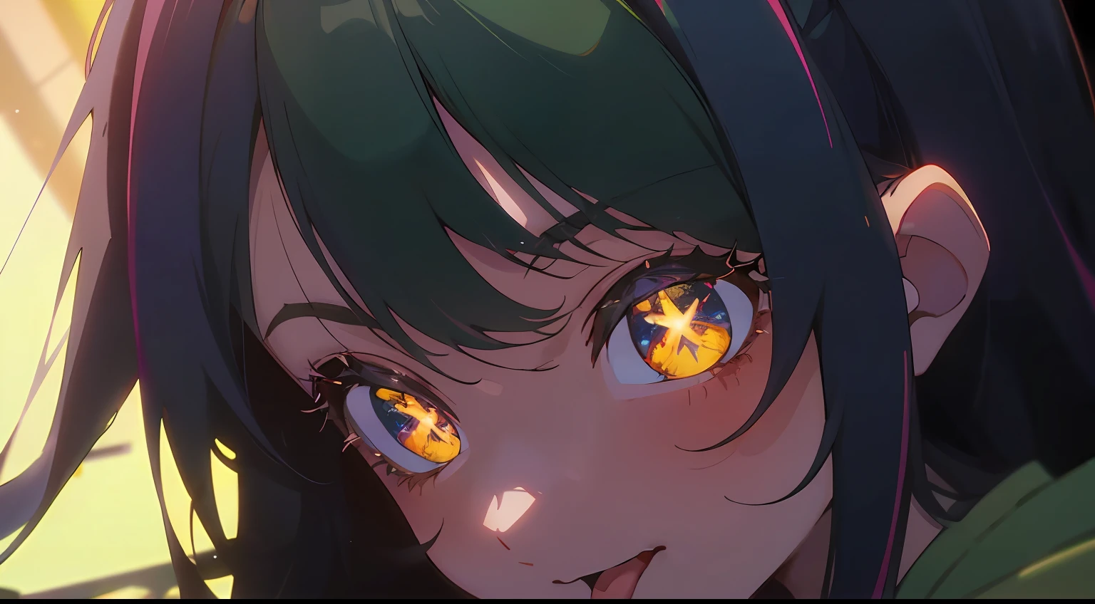 Yoasobi Idol Thumbnail,One girl,The long-haired,Hair color between green and black,Yellow eyes,Light green ruffled idol clothes,tongue-out,A smile,Wannahoge ,bustshot,Stage lights are shining from behind" , Anime girls in theaters, anime moe art style, anime style 4 k, Anime visuals of cute girls, Detailed Digital Anime Art, High quality anime art style, rogue anime girl, Anime Waifu, close up of a young anime girl, Portrait of an anime girl, young anime girl, Anime girl with black green hair and yellow eyes in light green dress, Anime visuals of cute girls, official artwork, today's featured anime still, anime style 4 k, Glowing eyes, eyes gentle, drooping eyes, Calm expression, The shadow of her face, She is backlit by stage lighting, :P ,Smiled, tareme, upward-eyed