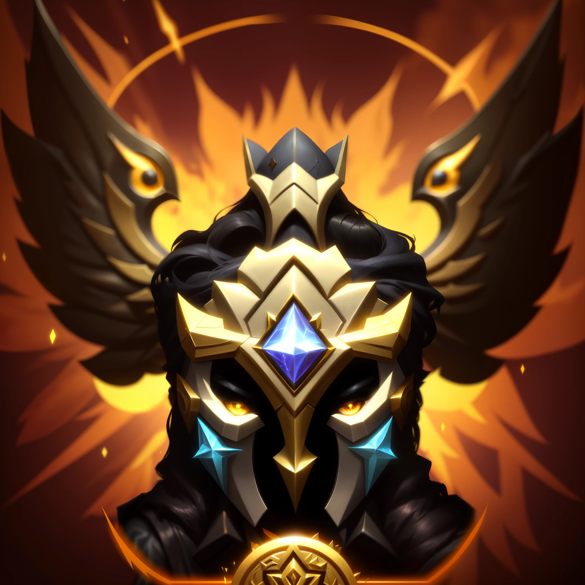 Close-up of stylized image of mask with wings, league of legends champion, style of league of legends, Ashe, leblanc, arcane jayce, style league of legends, league of legends arcane, Inspired by Leona Wood, bronze skin, league of legends inventory item, Thertrevkaiser, masterpeice, Official Splash Art, Splash Art