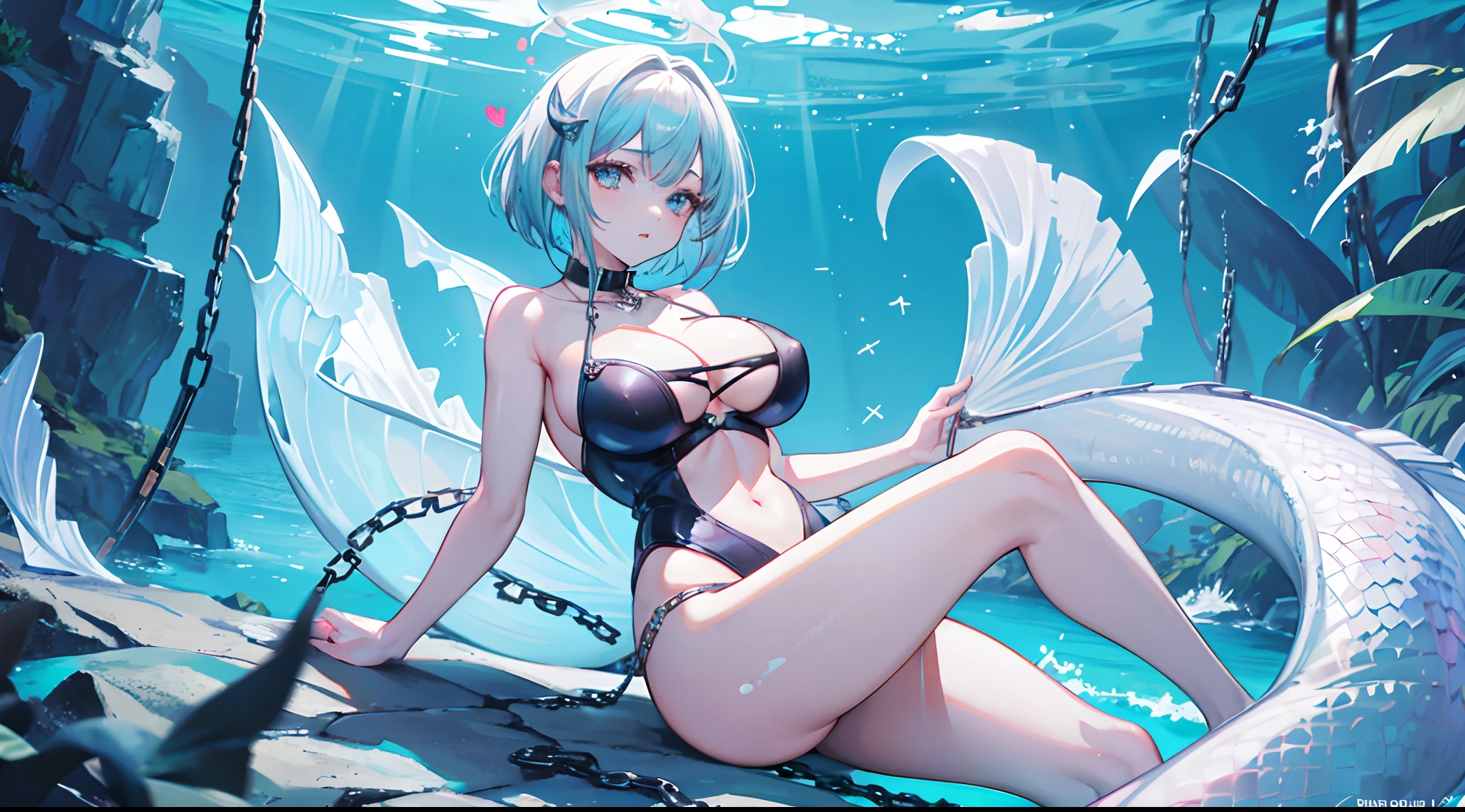 (1girl:1.21), mermaid, bob cut, cleavage, (chains:1.1), huge breasts, heart pasties, metal collar, tongue, fang, (in the sea:1.1), (the tail of a fish:1.1), in the water, swimming uniform, long whitr hair, Hasselblad, 135mm, f/4.0, ray tracing, cinematic lighting, drop shadow, backlighting, ccurate, textured skin, anatomically correct, super detail, high details, high quality, 4K