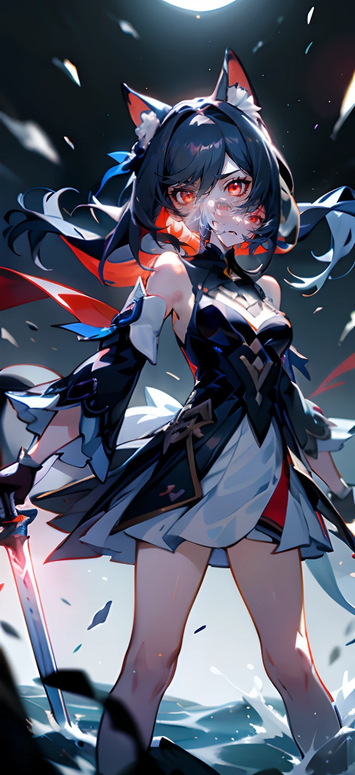 A close-up of a girl,Black hair,red color eyes,glowing light eyes,Separate the sleeves,shift dresses,Cold,Perfect girly body,mediuml breasts,long leges,cat ear,mitts,the night,Lake surface,There are three cats next to it,holding a longsword,Indifferent swordsman,Separate the sleeves,Honkai Three style,style of anime,full bodyesbian