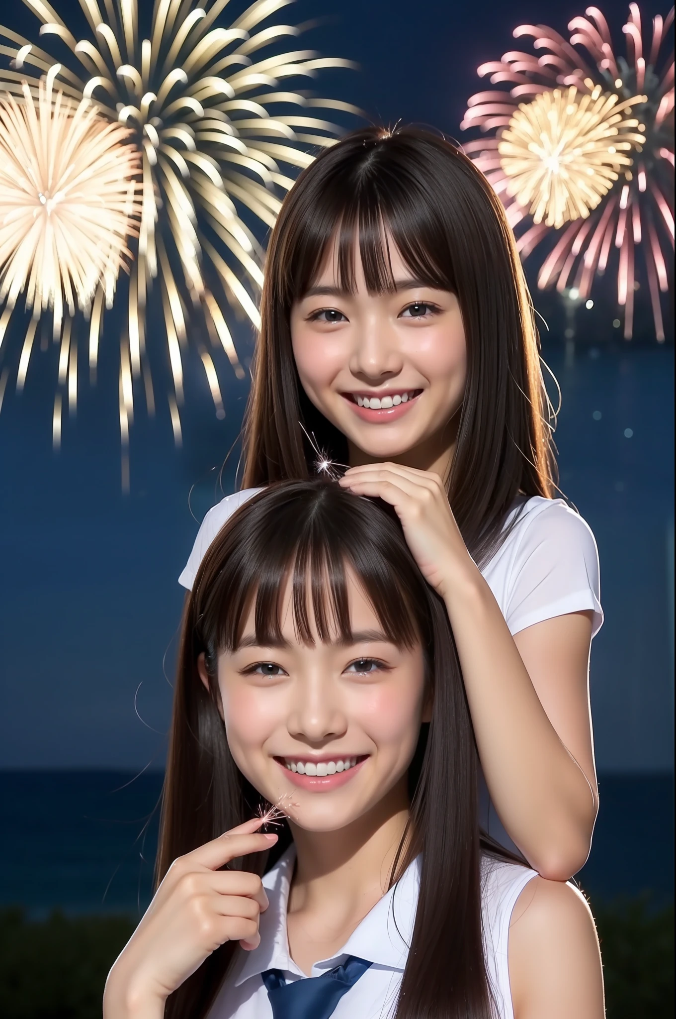 A smile、hi-school girl、While doing fireworks、mare
