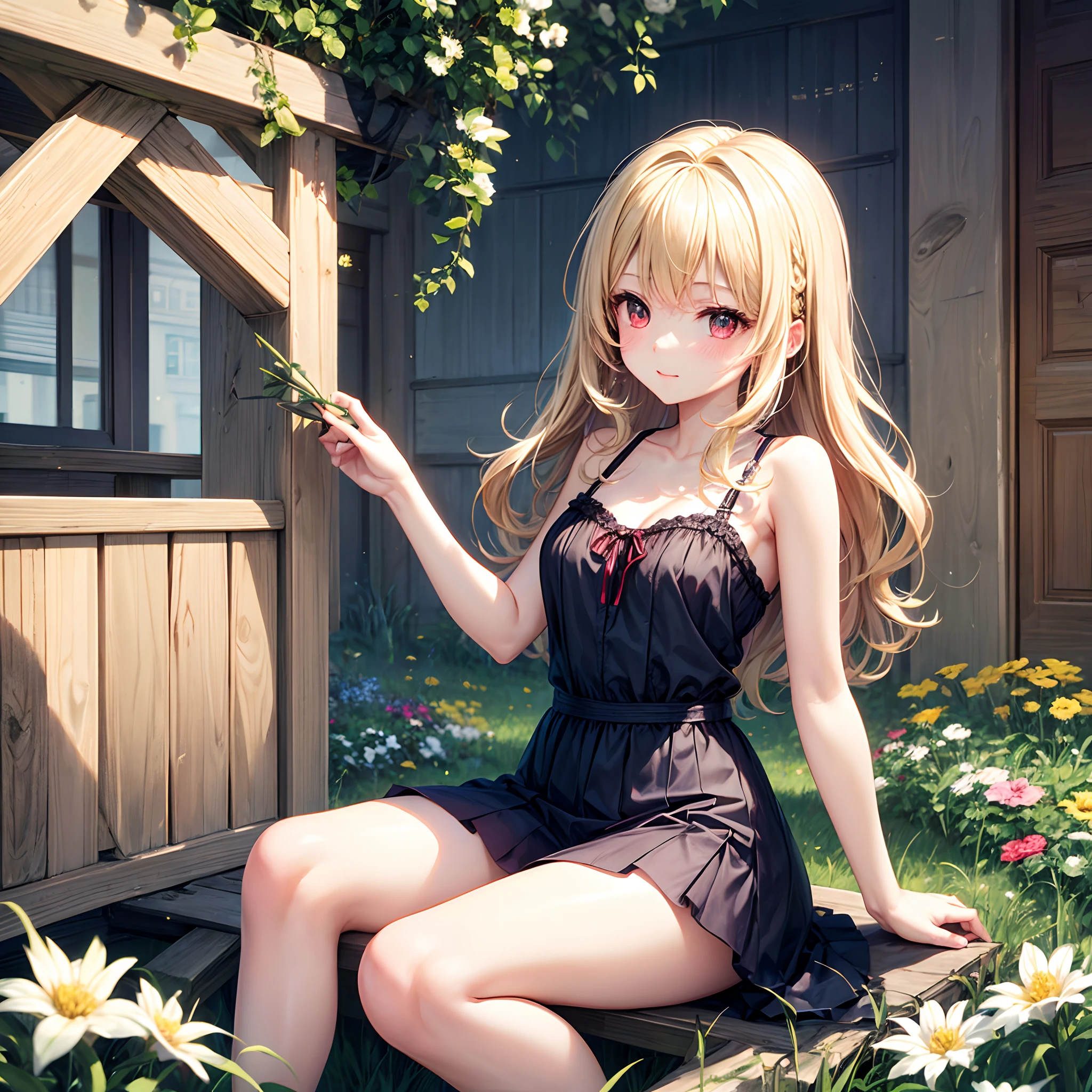 Wavy blonde、red eyes、Beautiful girl alone、独奏、Fluffy clothes、a miniskirt、sitting on、flower field、I can see a little bit of underwear.