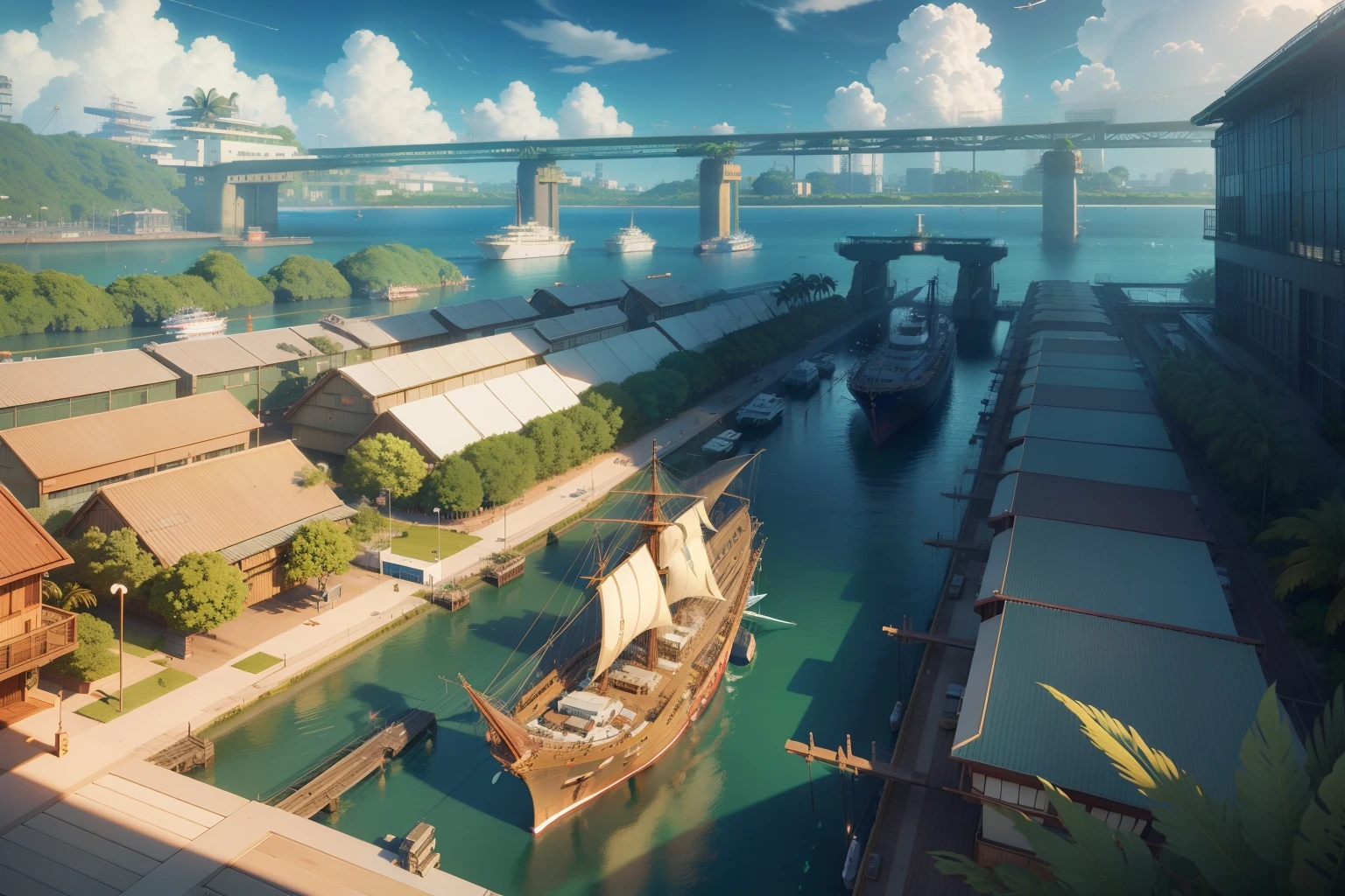 wide angle, anime style industrial tropical harbour with small ships, cloudy evening sun, lush vegetation, (isometric 3D), (masterpiece), (very detailed CG unity 8k wallpaper), (best quality), (best illustration), (best shadow), wood, crowded with people, octane rendering, ray tracing, ultra-detailed, anime style Ghibli
