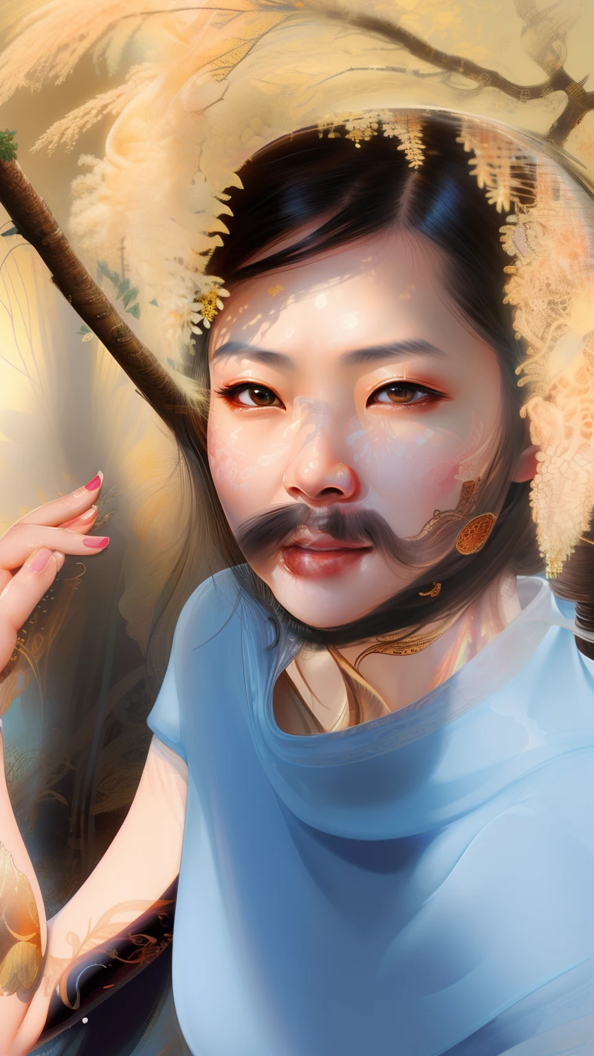 an oil painting of an Asian woman, hyper realistic, ultra detailed, insanely detailed and intricate, ultra fine details, Extreme contrast, Extremely sharp lines, cinematic lighting, artwork by Okuda San Miguel and Carne Griffiths, swirls, intricate, elegant, highly detailed, digital painting, artstation, concept art, smooth, sharp focus, illustration