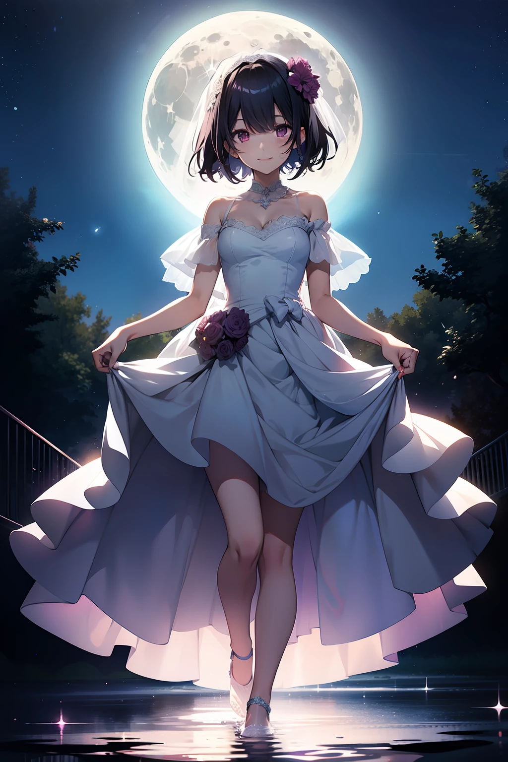 woman, starry sky, night, blue tint, magenta tint, short hair, tomboy, black hair, NSFW, Moon, standing on water, smile, wedding dress, bride
