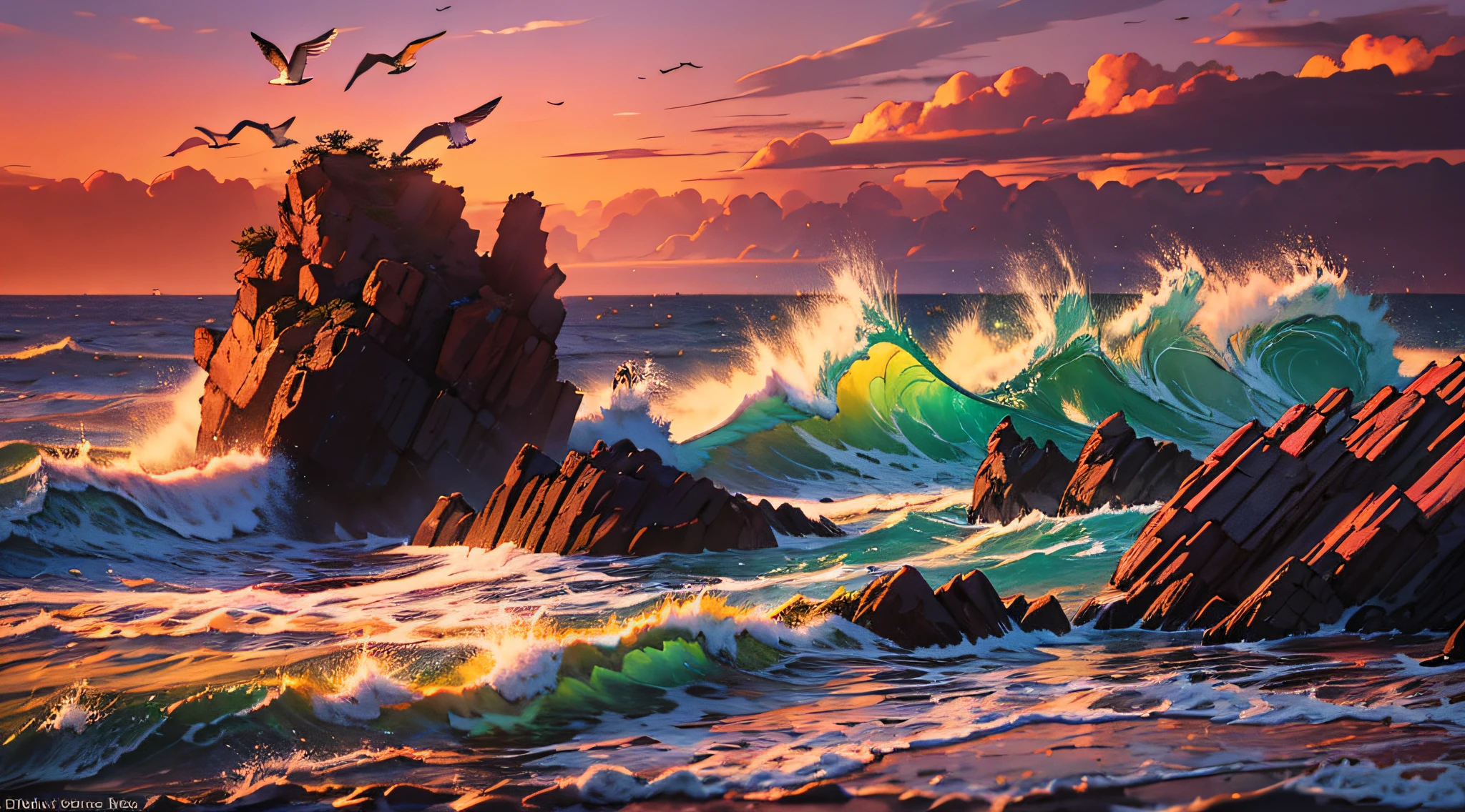 An impressive coastal scene at sunset, where waves crash against jagged rocks, casting a warm, golden glow over the scene. The sky is a canvas of vibrant oranges, pinks and purples, reflected on the surface of the water. Seagulls hover in the distance, their silhouettes silhouetted against the colorful sky. The atmosphere is both serene and powerful, capturing the majesty of the forces of nature. Taken with a wide-angle lens (24 mm) to capture the extended view, aperture f/8 for sharpness,