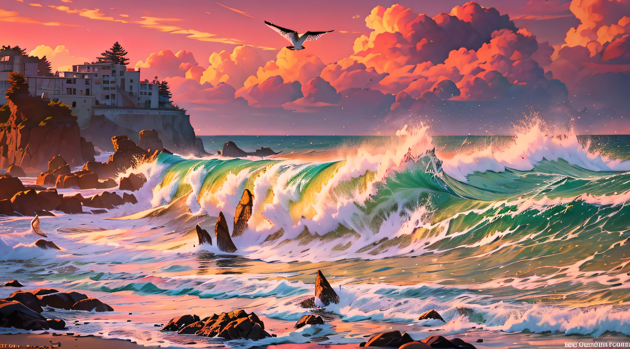 An impressive coastal scene at sunset, where waves crash against jagged rocks, casting a warm, golden glow over the scene. The sky is a canvas of vibrant oranges, pinks and purples, reflected on the surface of the water. Seagulls hover in the distance, their silhouettes silhouetted against the colorful sky. The atmosphere is both serene and powerful, capturing the majesty of the forces of nature. Taken with a wide-angle lens (24 mm) to capture the extended view, aperture f/8 for sharpness,