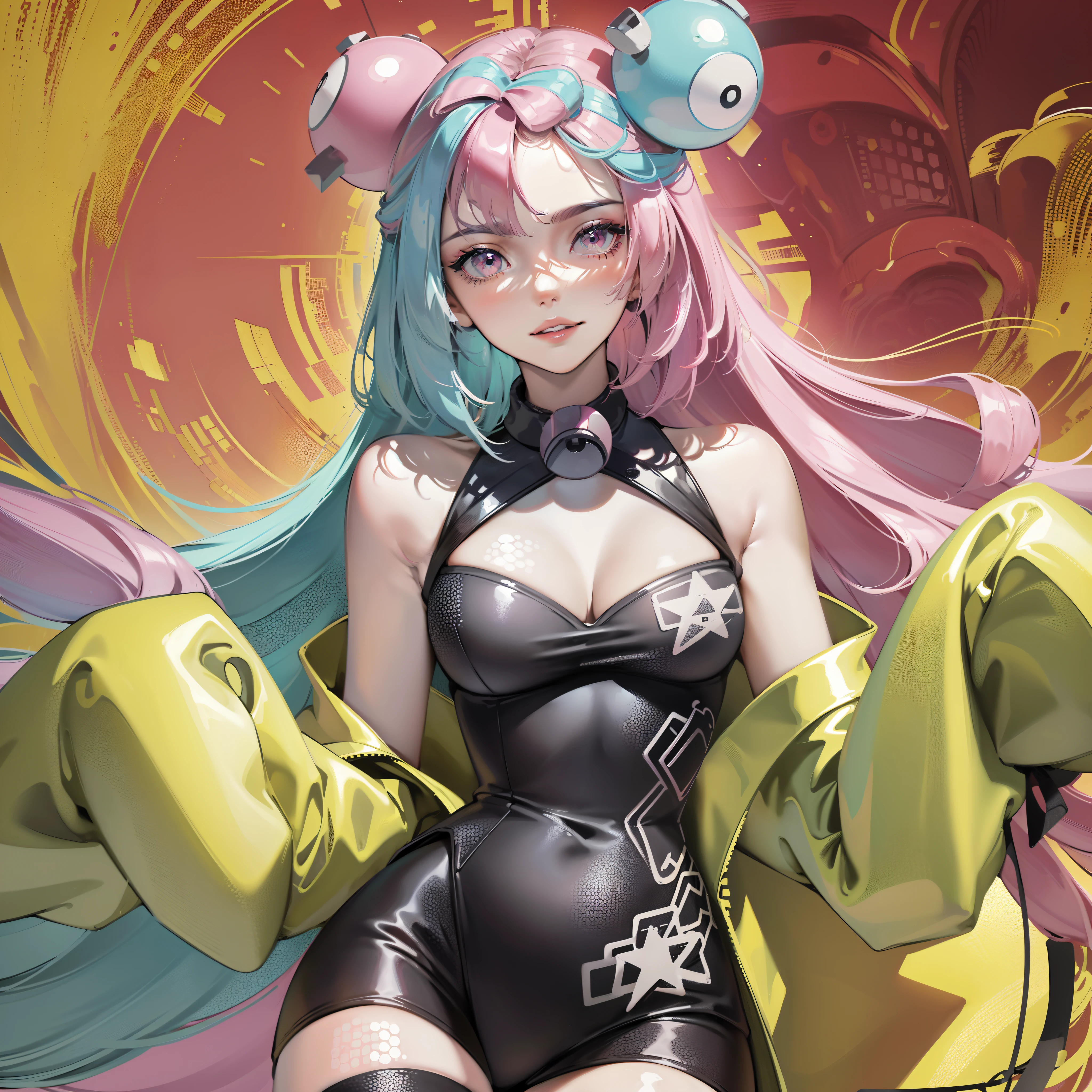 Iono(Pokemon), Iono_(Pokemon), (Pink_Hair, bow-shaped_Hair, Aqua_Hair, Multicolored_Hair, low tied_Long_Hair, Long_Hair, Very_Long_Hair, duotone_Hair, double tails,) Pink_Eyes, Very_Long_Sleeves, Sleeves_passado_wrists, Sleeveless_shirt, Single_Leg_Pantyhose, shirt, Grey_Pantyhose, Grey_Footwear, Character_Hair_decorations, hexagons_print, ((Clearly drawn face)), ((Cowboy shot)), ((focus on upper body)), ((Closed_cparted lips,Smile)), 8K, Masterpiece, Detailed, High quality, Detailed lips, lipstick, Glossy lips